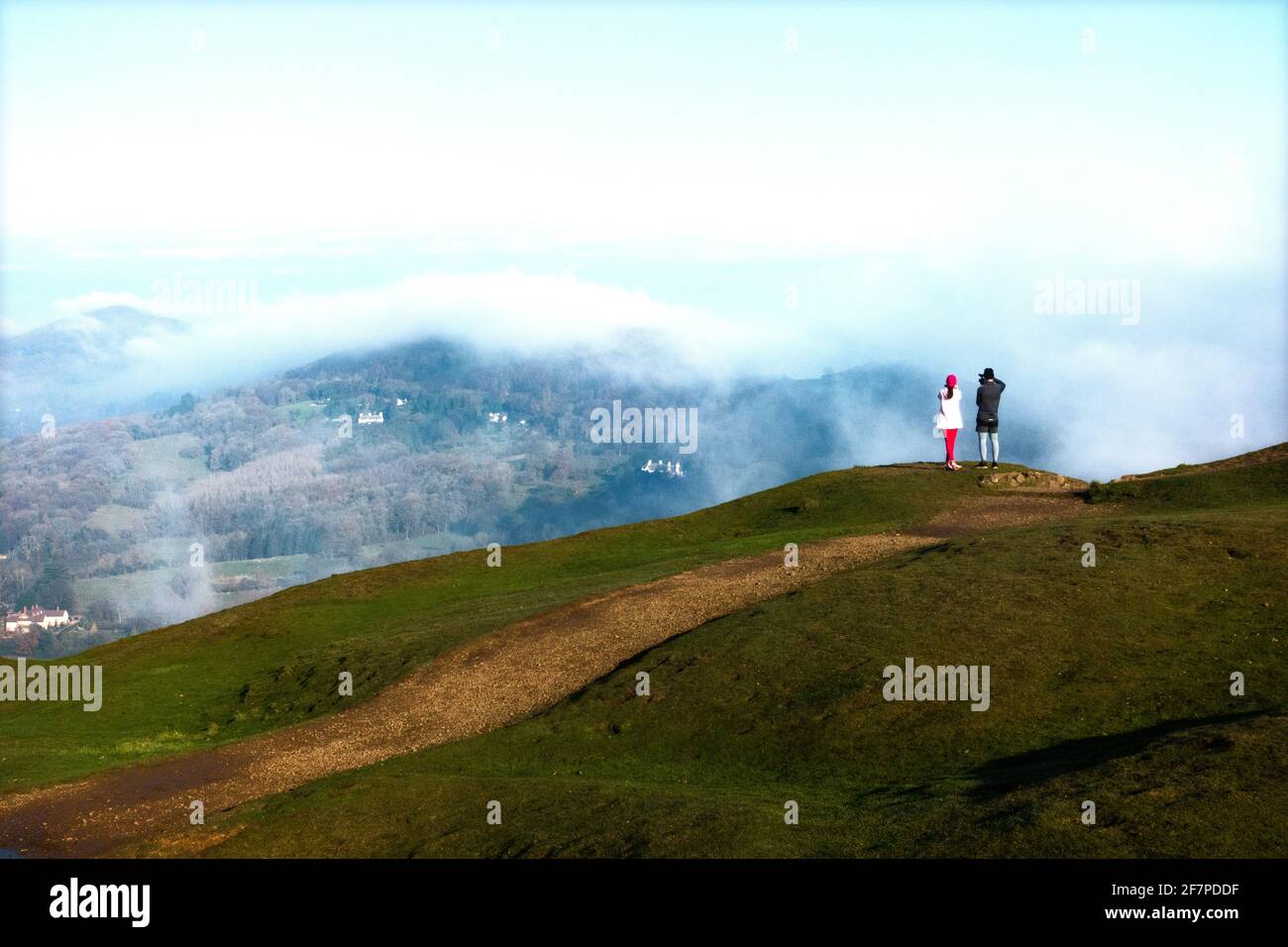 The Malvern Hills in fog and misty cloud from the Herefordshire Beacon Stock Photo