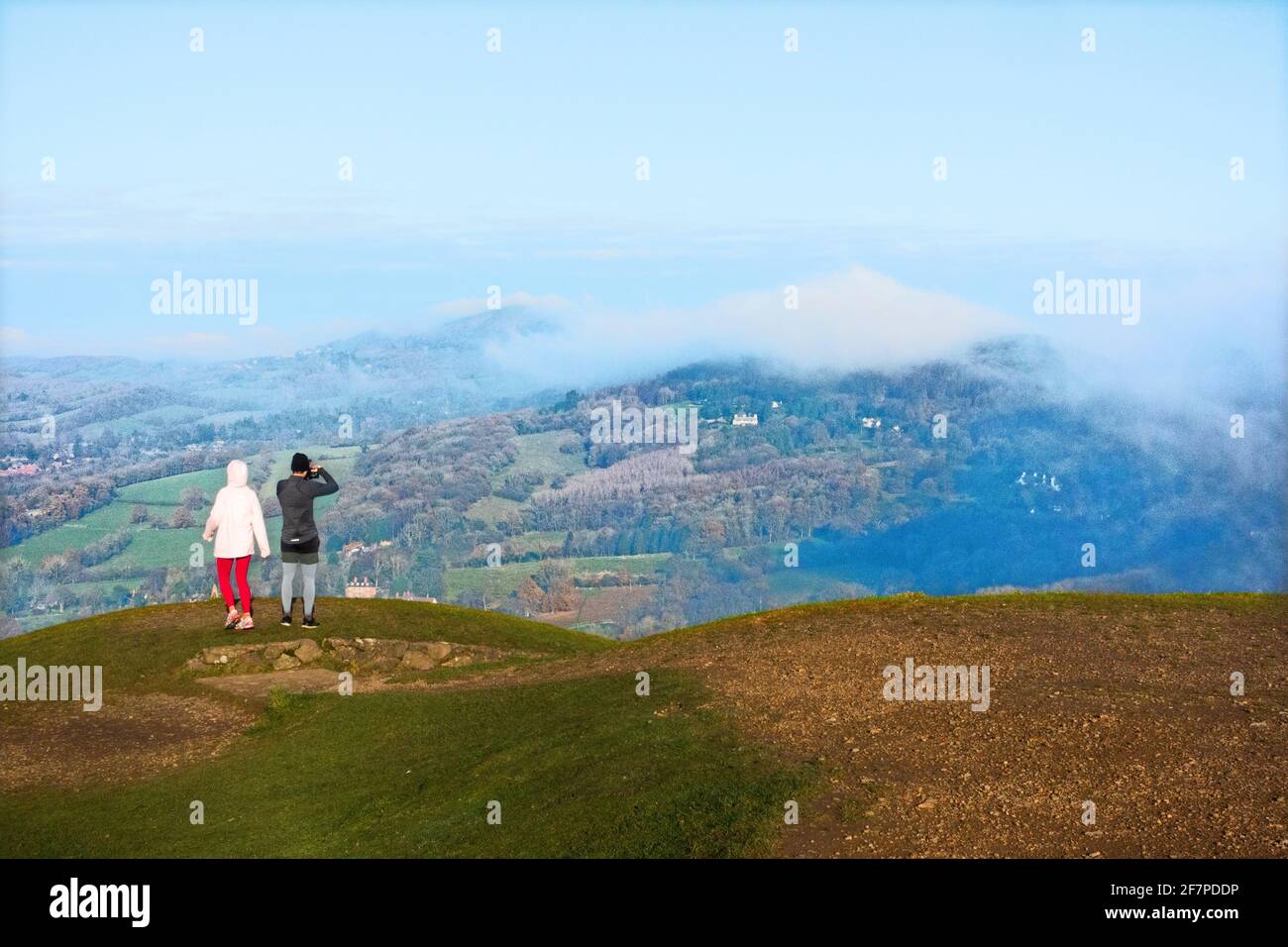 The Malvern Hills in fog and misty cloud from the Herefordshire Beacon Stock Photo
