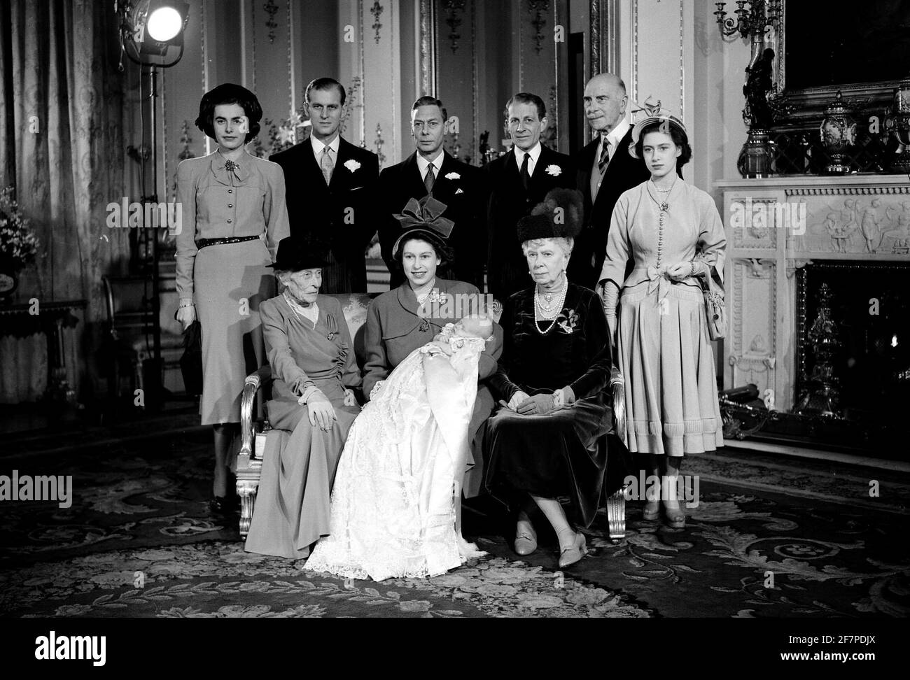 File photo dated 15/12/48 of Queen Elizabeth II holding her son, the Prince Charles after his christening in Buckingham Palace. With her seated to the left is Dowager Marchioness of Milford Haven, and right is the Prince's Great Grandmother Queen Mary. Godparents standing from left to right; Lady Brabourne, the Duke of Edinburgh (standing proxy for Prince George of Greece), King George VI, David Bowes-Lyon, the Earl of Athlone (who stood proxy for the King of Norway) and Princess Margaret. The Duke of Edinburgh has died, Buckingham Palace has announced. Issue date: Friday April 9, 2020.. See P Stock Photo