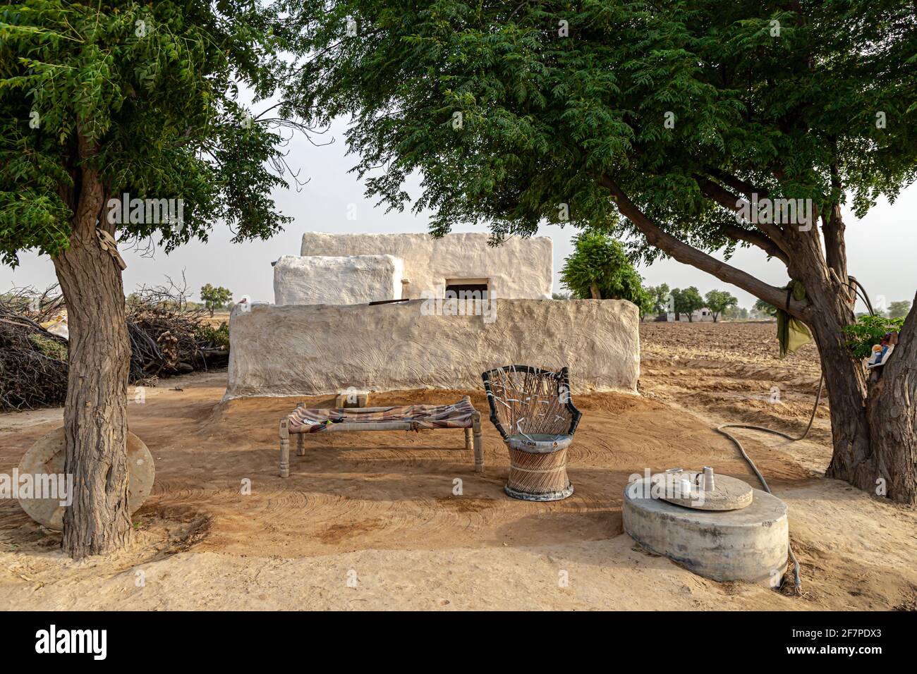 indian traditional kutchi mud house in rajasthan with tree and clear