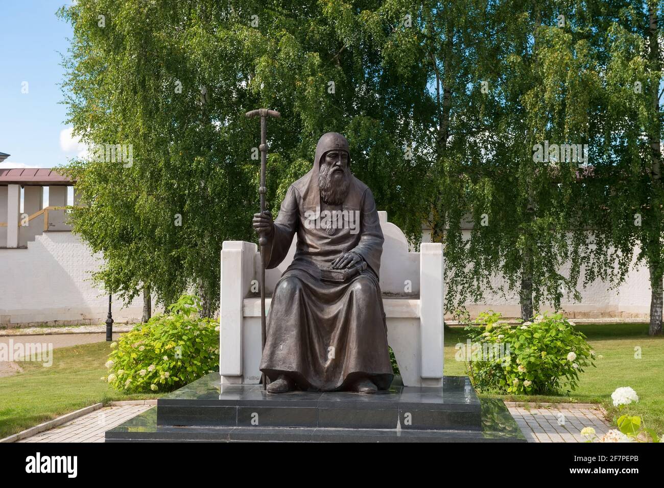 STARITSA, RUSSIA - AUGUST 20, 2020: Monument to the first Moscow Patriarch St. Jobu in the Holy Dormition Monastery in Staritsa, Tverskaya oblast Stock Photo