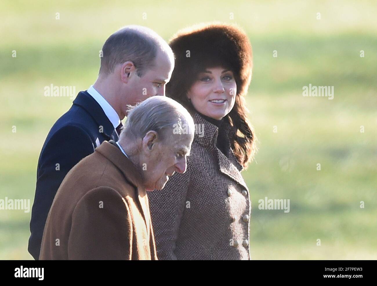 File photo dated 07/01/18 of the Duke and Duchess of Cambridge and the Duke of Edinburgh attending a church service at St Mary Magdalene Church in Sandringham, Norfolk. The Duke of Edinburgh has died, Buckingham Palace has announced. Issue date: Friday April 9, 2020. Stock Photo