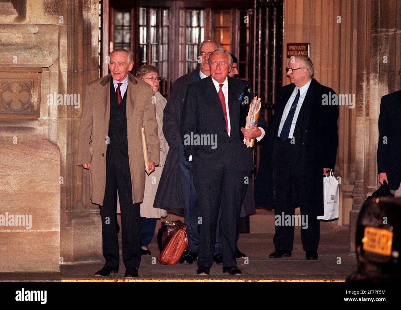 Lords January 2000 Lords leaving the House of Lords after the Governments Criminal Justice Mode Of Trial Bill was defeated - leaving through private entrance Stock Photo