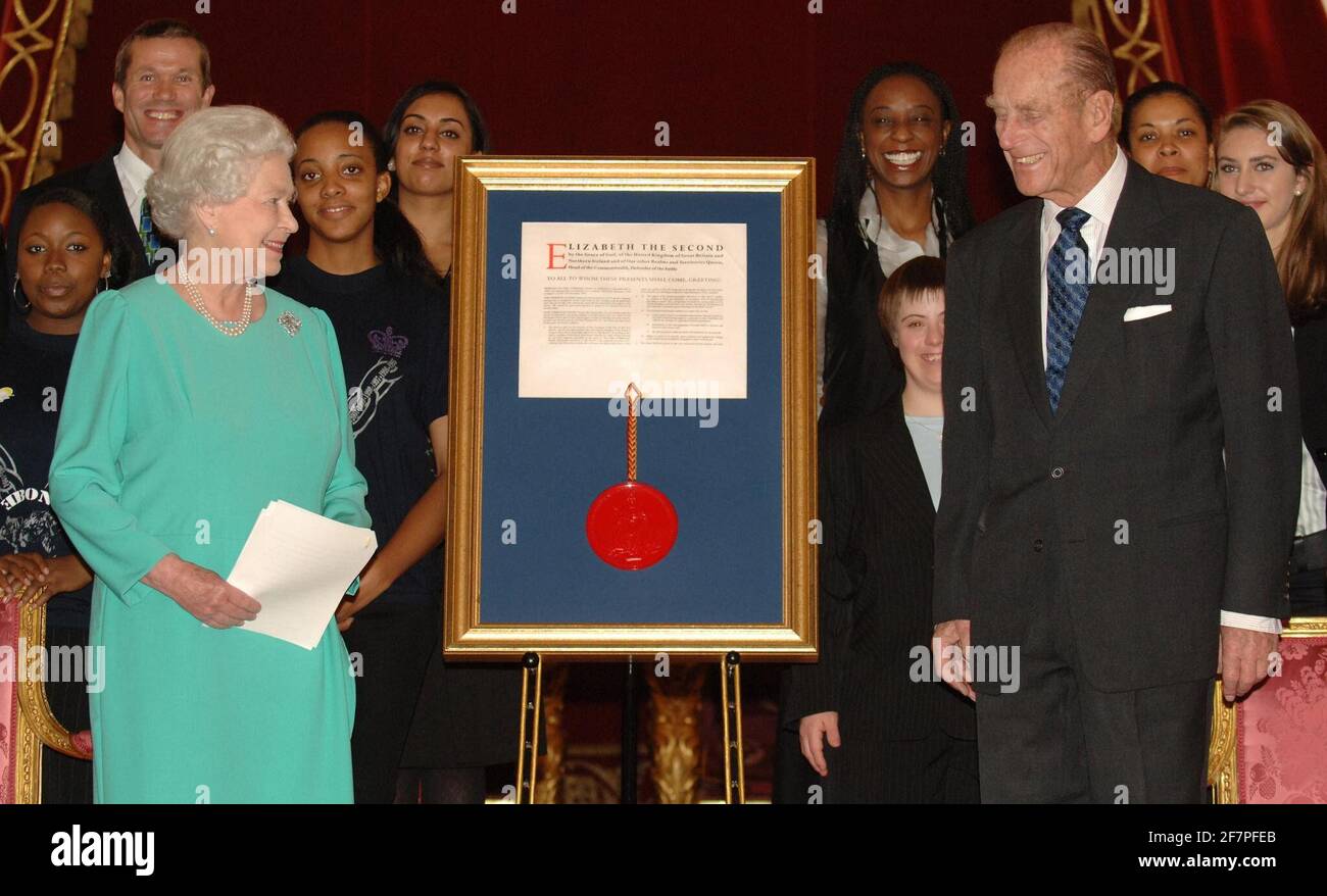 File photo dated 16/11/06 of the Duke of Edinburgh accepting a Royal Charter from Queen Elizabeth II on behalf of his awards scheme during a reception at Buckingham Palace. The Duke of Edinburgh's Award is likely to be judged Prince Philip's greatest legacy. Issue date: Friday April 4, 2021. Stock Photo