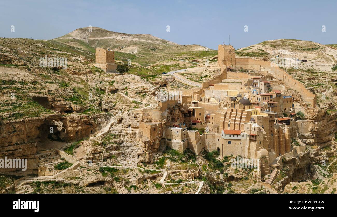 The Holy Lavra of Saint Sabbas, known in Syriac as Mar Saba [Marsaba] is a Greek Orthodox monastery overlooking the Kidron Valley at a point halfway b Stock Photo