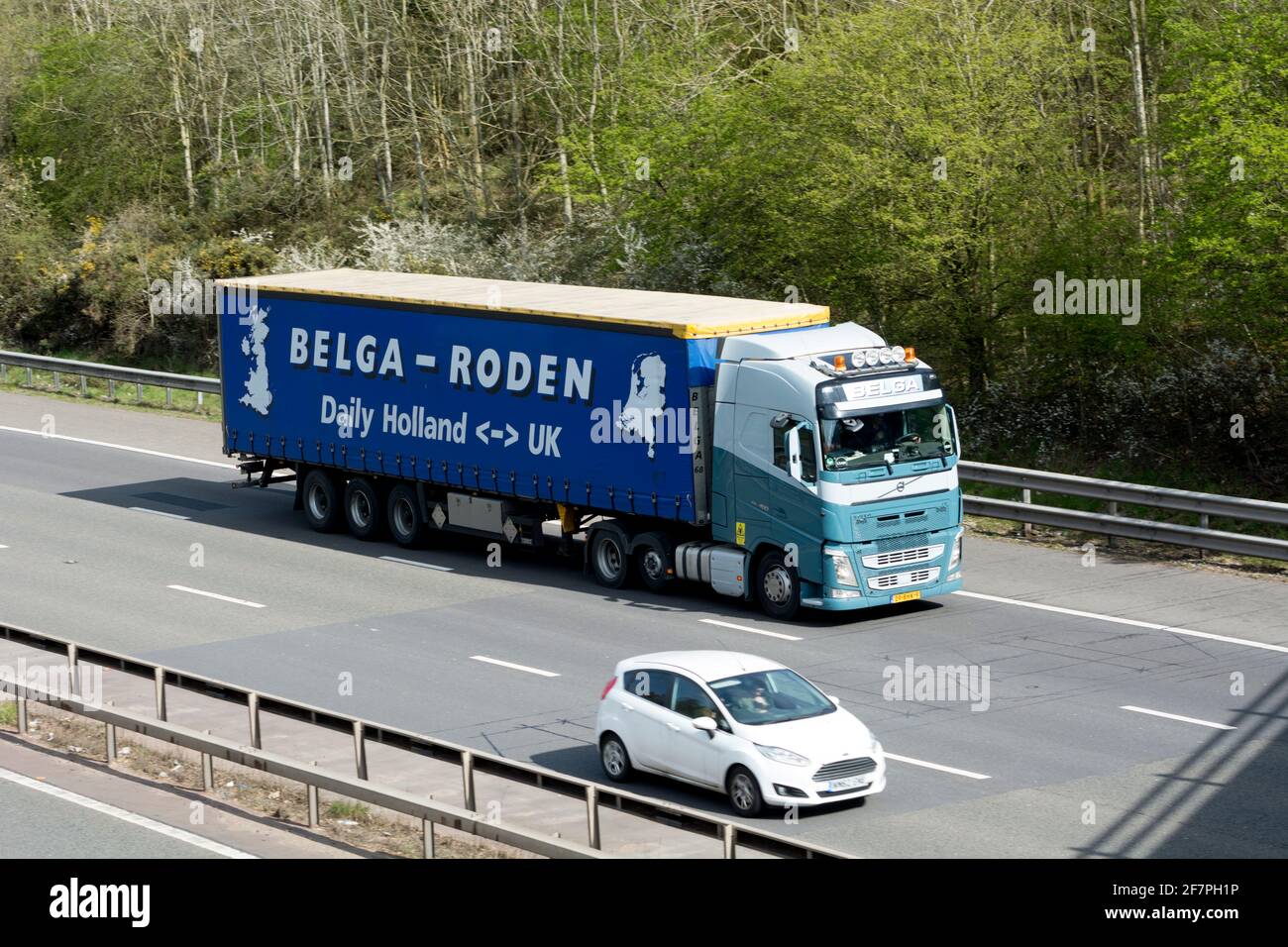 A Volvo Belga-Roden lorry on the M40 motorway, Warwickshire, UK Stock Photo