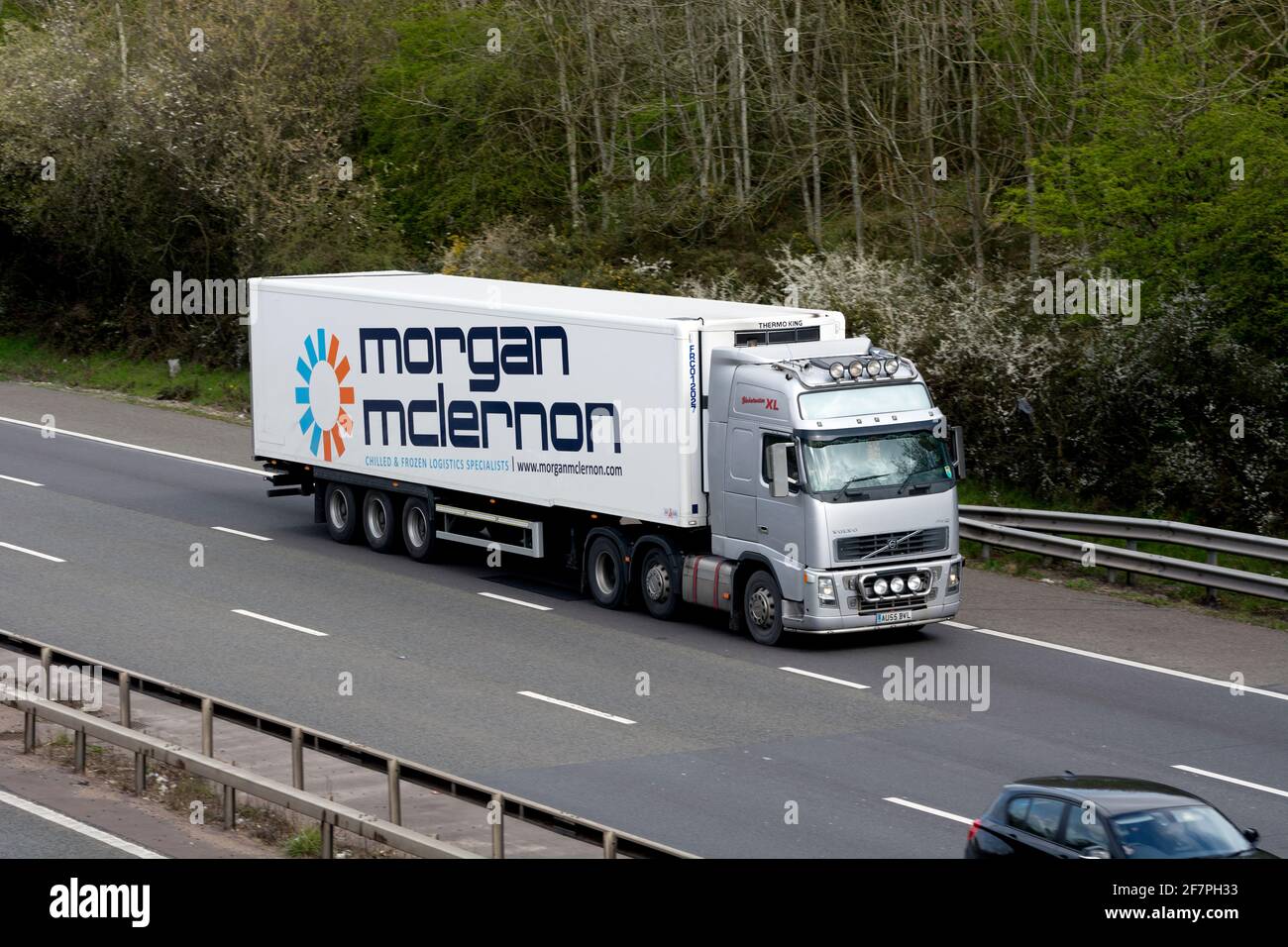 A Volvo Morgan McLernon refrigerated lorry on the M40 motorway, Warwickshire, UK Stock Photo