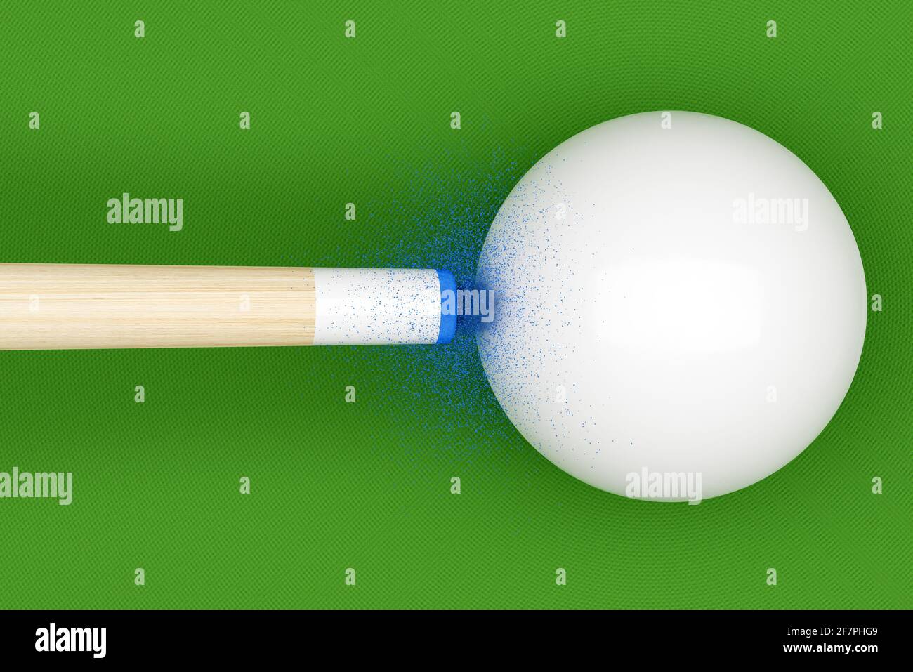 Cue stick hitting cue ball in a break on a pool or snooker table, 3D