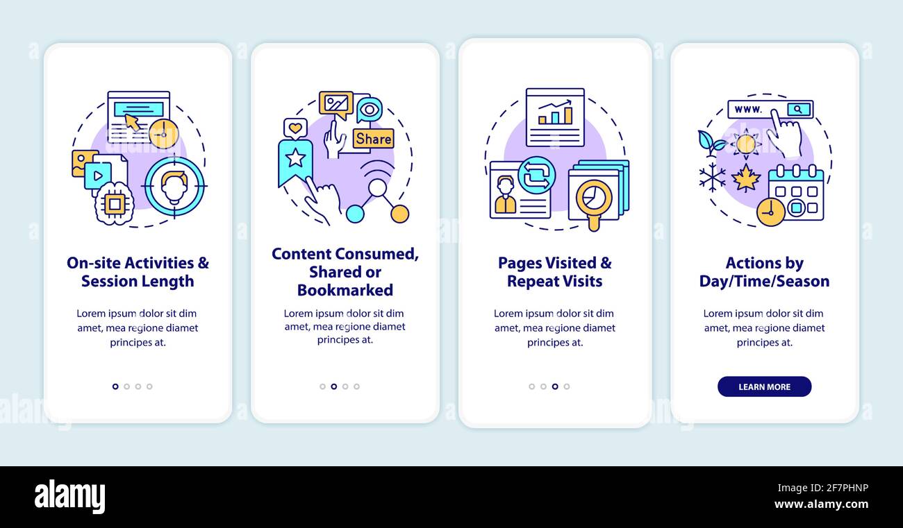 User behaviour analytics onboarding mobile app page screen with concepts Stock Vector