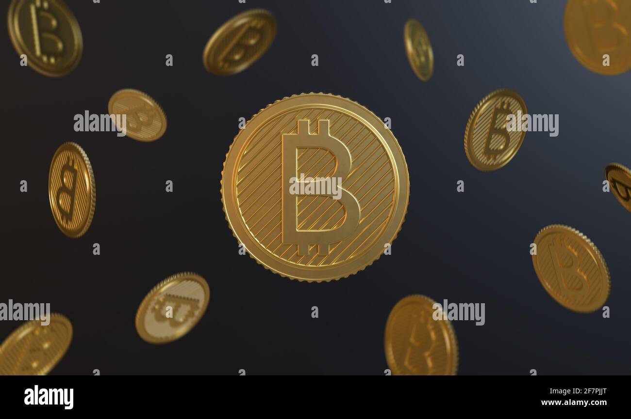Many falling golden bitcoin coins digital crypto currency economy dark  background 3D rendering Stock Photo - Alamy