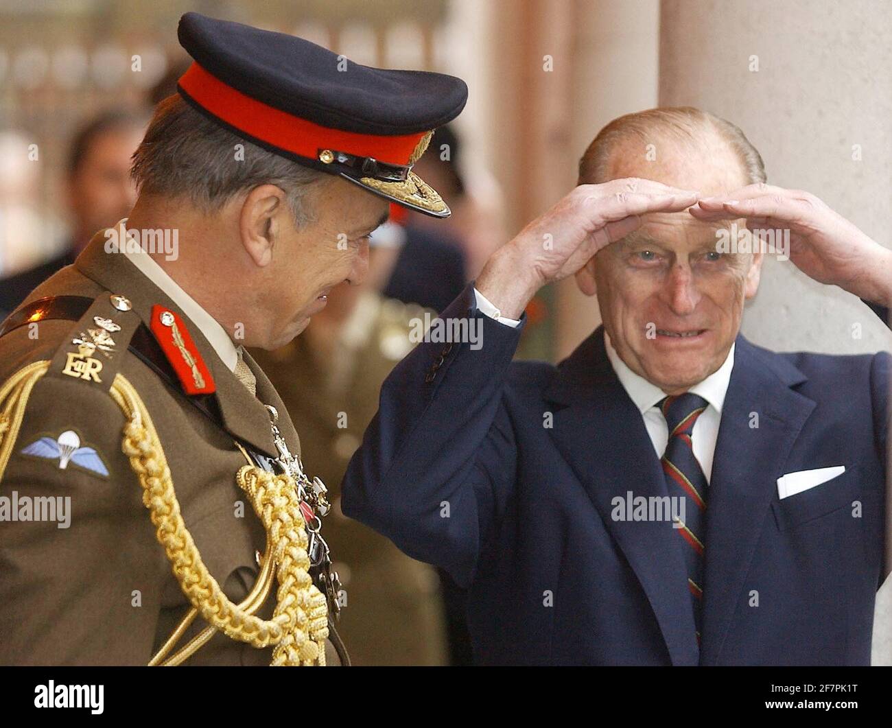 File photo dated 21/11/03 of The Duke of Edinburgh sharing a joke with General Sir Mike Jackson at the General's Corps Museum in Winchester. The Duke of Edinburgh was perhaps best known for his gaffes. He shocked and sometimes delighted the public with his outspoken remarks and clangers. Issue date: Friday April 4, 2021. Stock Photo