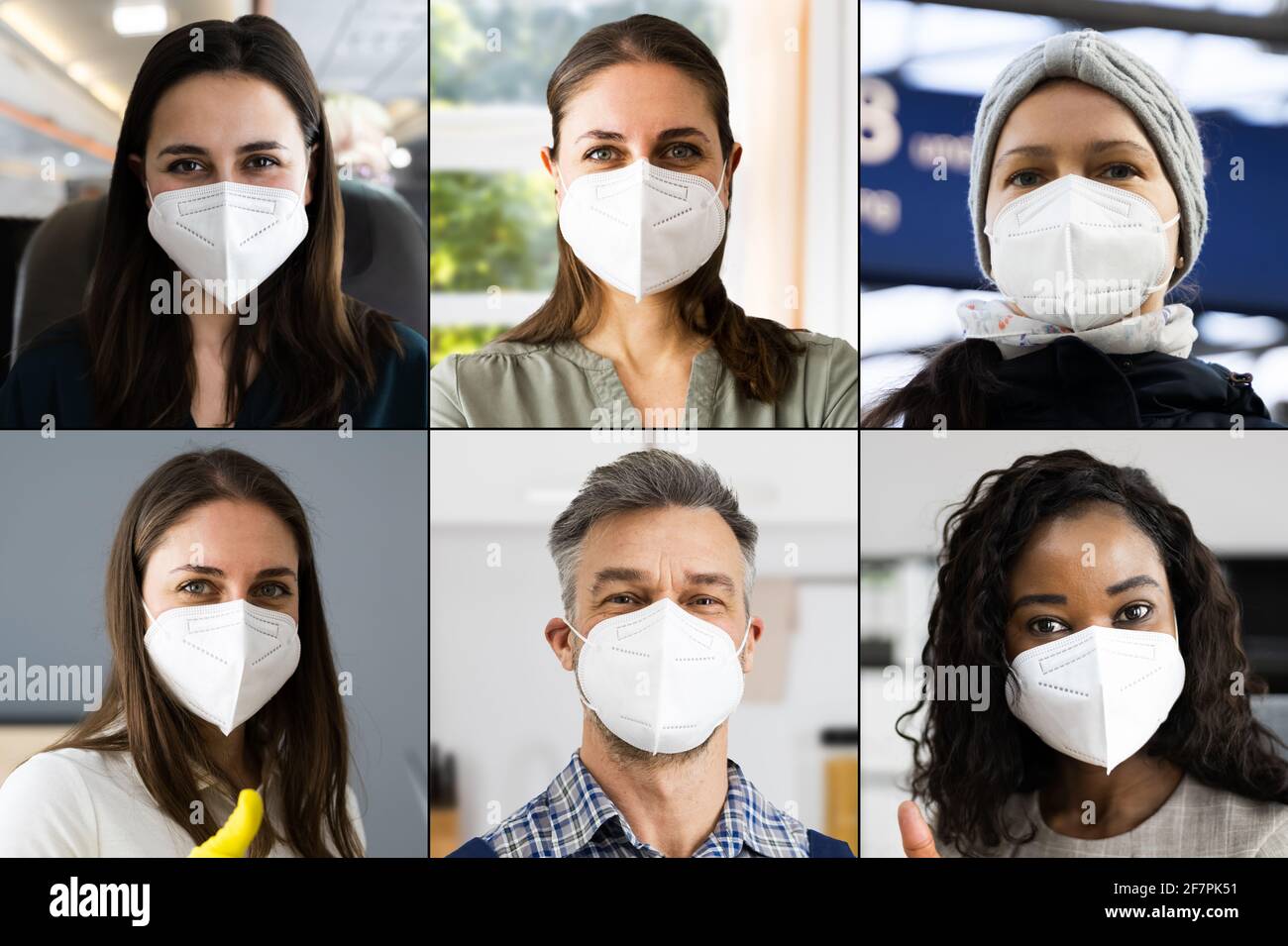 Diverse People Group Wearing FFP2 Face Mask Collage Stock Photo