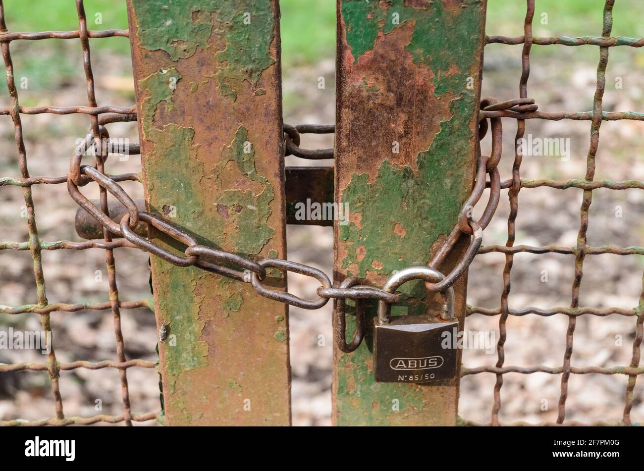 Closed rusty iron metal gate with chain, ABUS padlock and chain-link fence Stock Photo