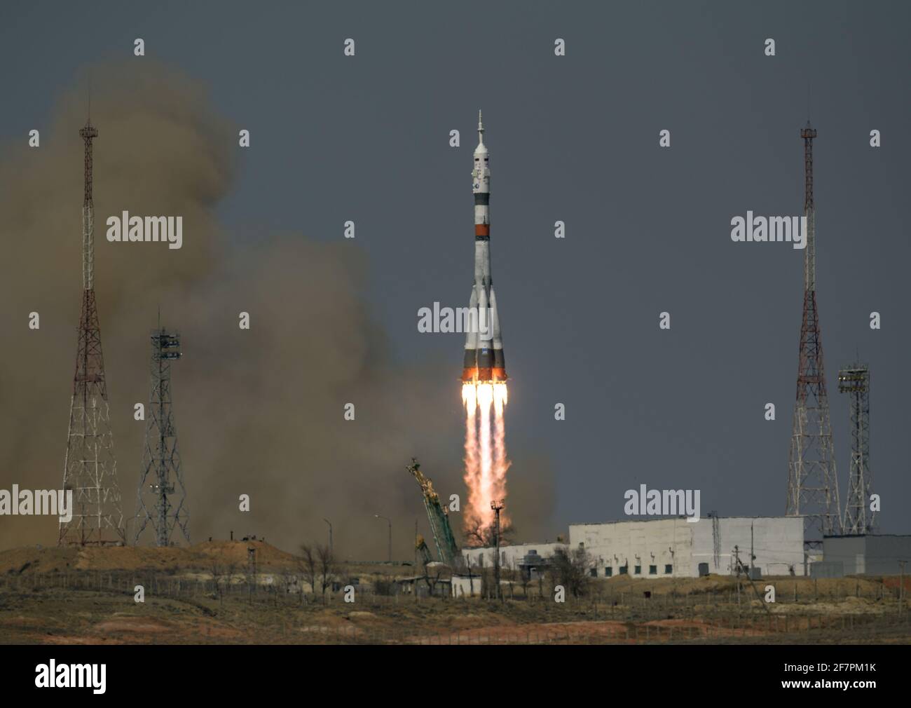 Baikonur, Kazakhstan. 09th Apr, 2021. The Soyuz MS-18 rocket is launched with Expedition 65 NASA astronaut Mark Vande Hei with Roscosmos cosmonauts Pyotr Dubrov and Oleg Novitskiy, Friday, April 9, 2021, at the Baikonur Cosmodrome in Kazakhstan. NASA Photo by Bill Ingalls/UPI Credit: UPI/Alamy Live News Stock Photo