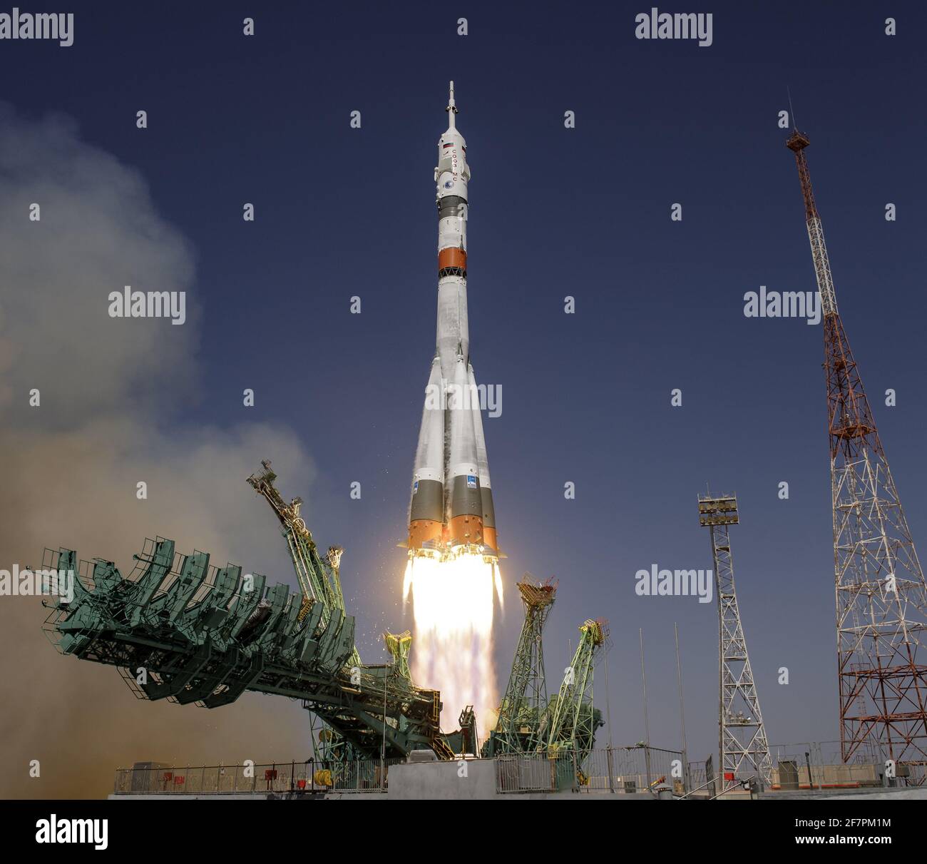 Baikonur, Kazakhstan. 09th Apr, 2021. The Soyuz MS-18 rocket is launched with Expedition 65 NASA astronaut Mark Vande Hei with Roscosmos cosmonauts Pyotr Dubrov and Oleg Novitskiy, Friday, April 9, 2021, at the Baikonur Cosmodrome in Kazakhstan. NASA Photo by Bill Ingalls/UPI Credit: UPI/Alamy Live News Stock Photo