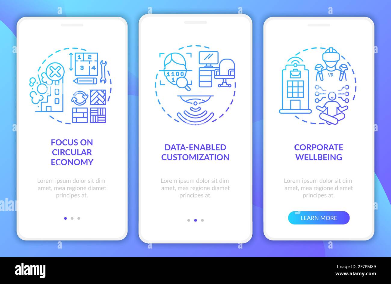 Future workspace design onboarding mobile app page screen with concepts Stock Vector