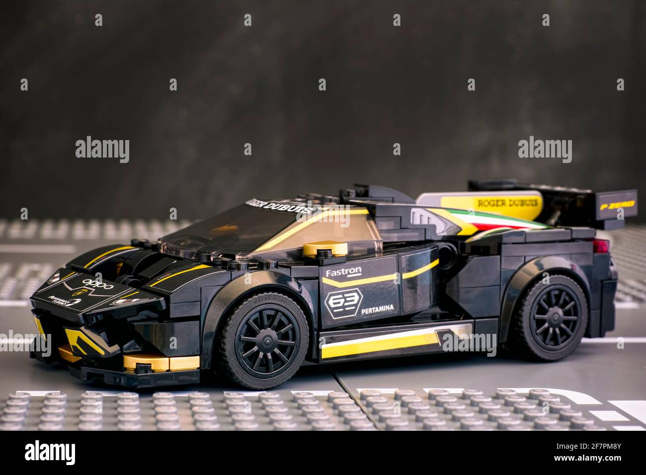 Tambov, Russian Federation - June 25, 2020 Lego Lamborghini Huracan Super  Trofeo EVO car by LEGO Speed Champions on road baseplates. Black background  Stock Photo - Alamy