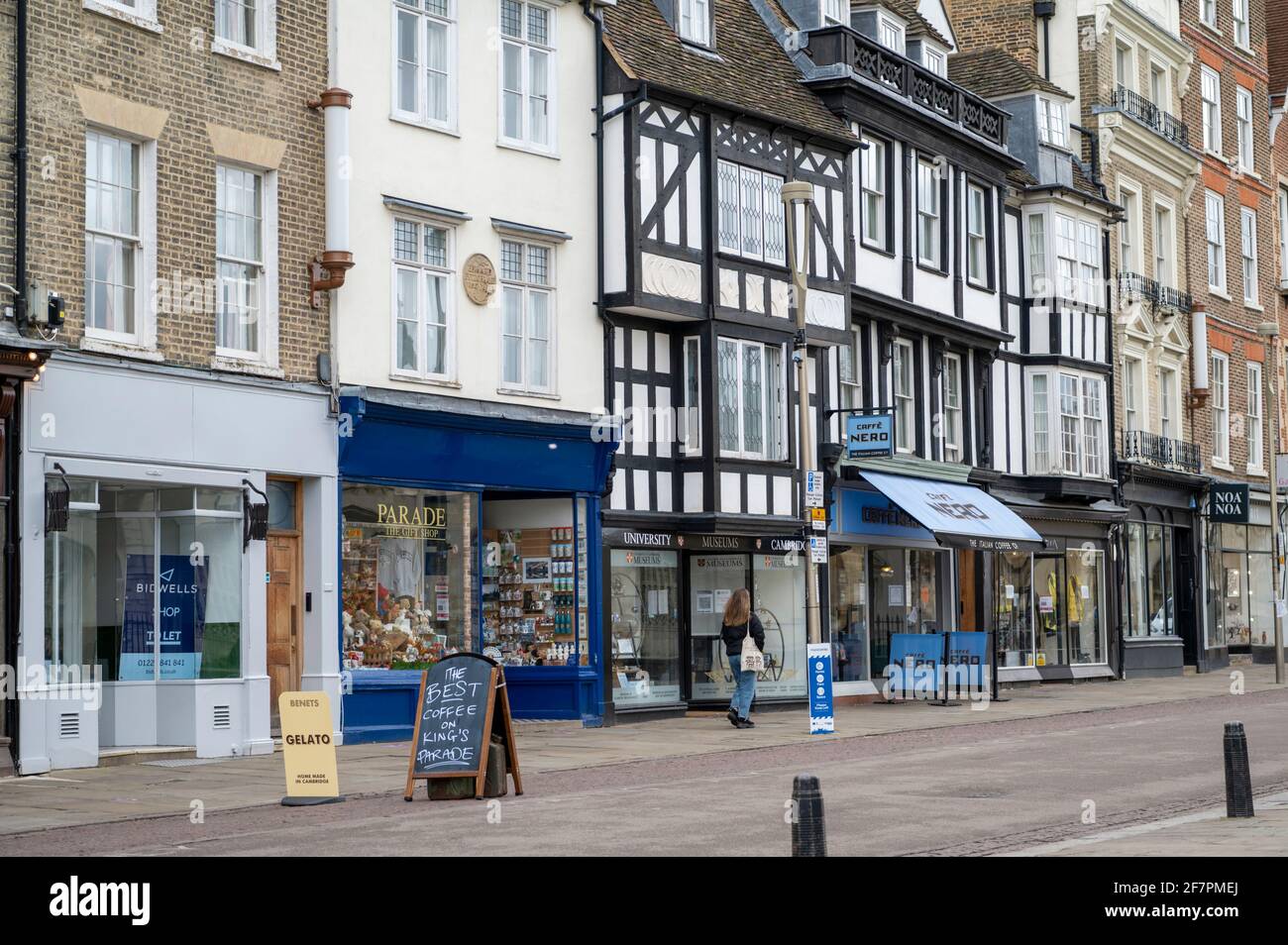 Shops and historic buildings in Kings Parade Cambridge city UK Stock
