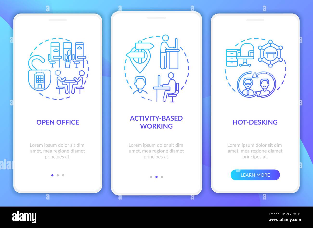 Future workspace environs onboarding mobile app page screen with concepts Stock Vector