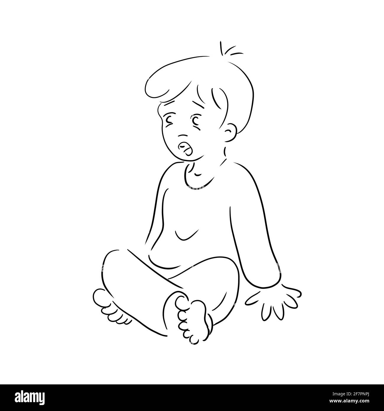 Boy sitting cross-legged barefoot on the floor arms support upper body he is scared or surprised Logo design black and white child cute layout templat Stock Photo