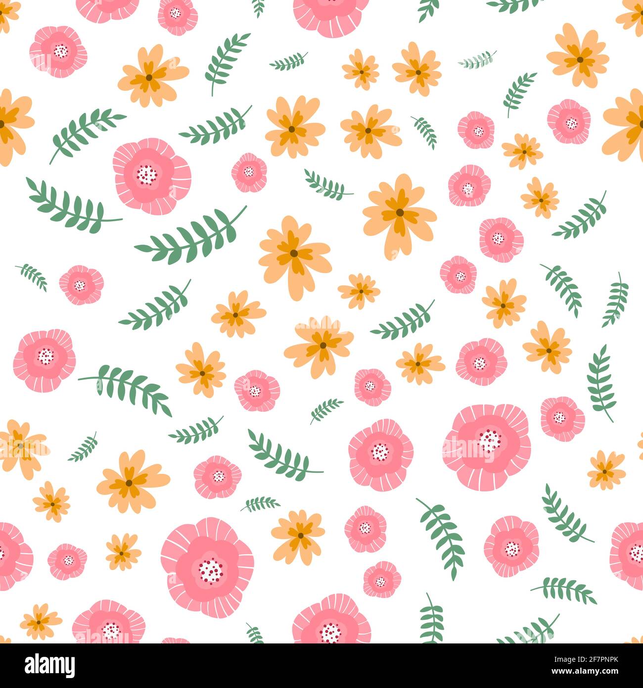 Vector floral pattern in doodle style with flowers and leaves. Gentle ...