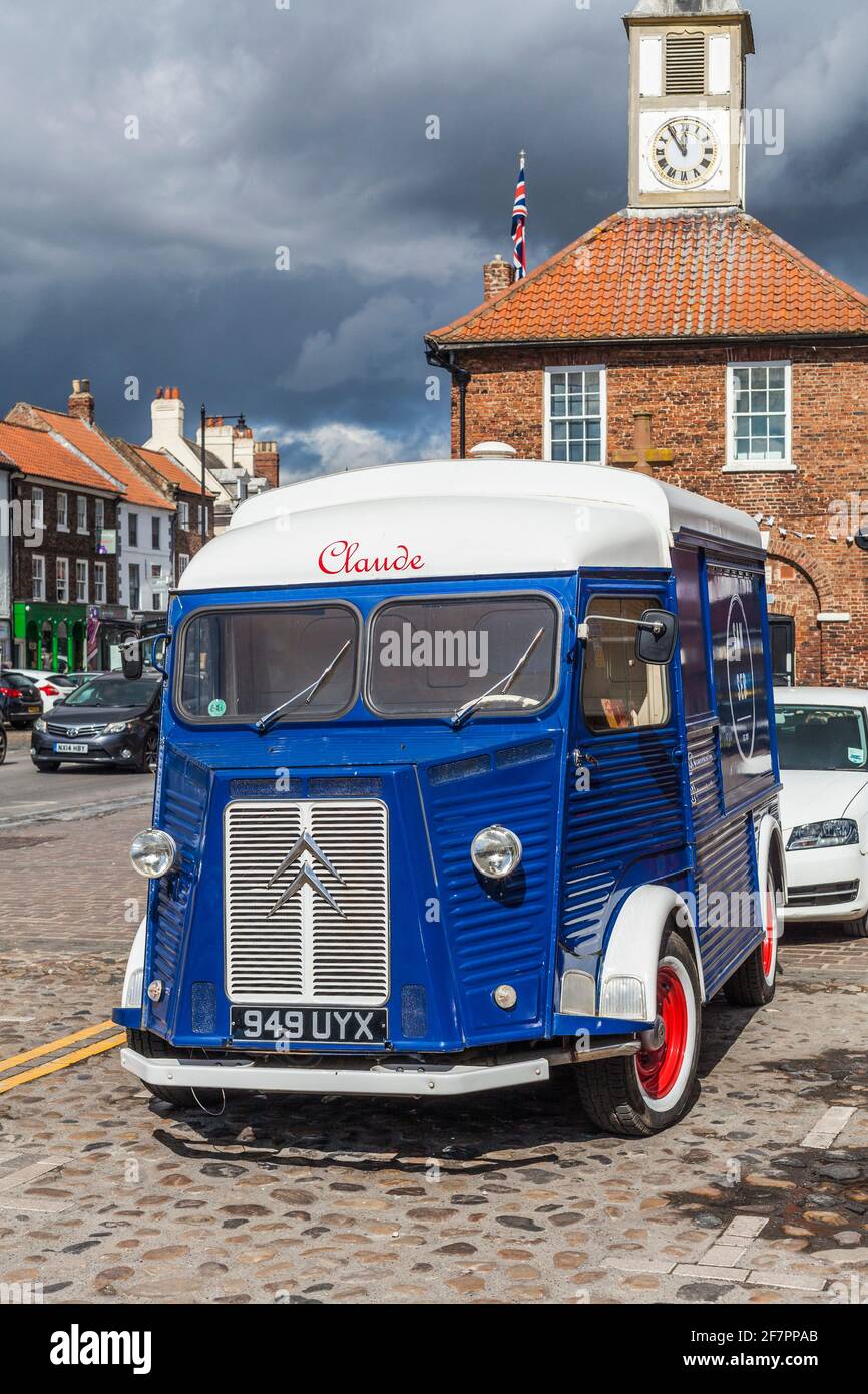 The distinctive 1958 Citroen H Van used by San Seb Coffee outlet in Yarm,England,UK parked up on the High Street. Stock Photo
