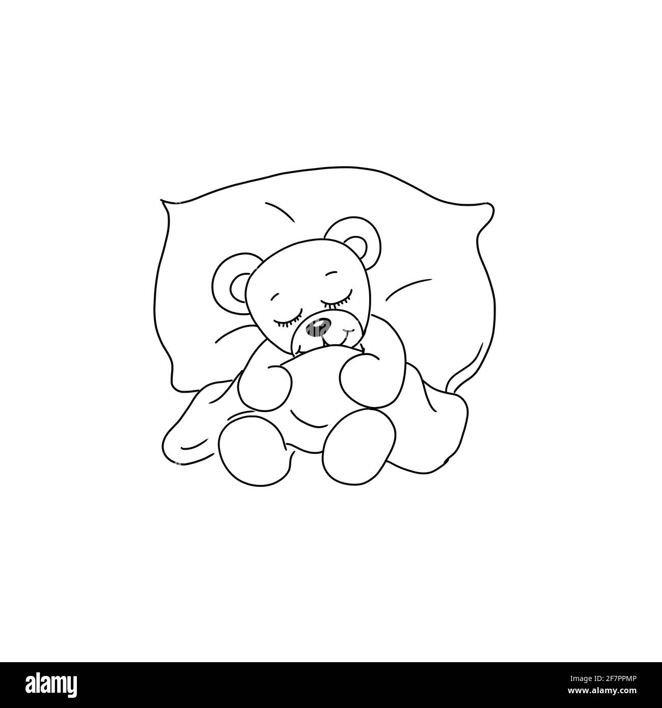 Teddy bear toy covered with a blanket sleeping cute sweet pretty small cuddly hugging Coloring picture soft gently rest smiling laughing joy peace Stock Photo