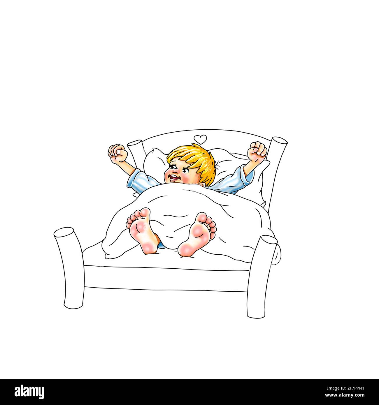 early in the morning coloring picture children's room boy bed stretch wake up barefoot feet sleep awaken new earth laugh smile blue yellow children's Stock Photo