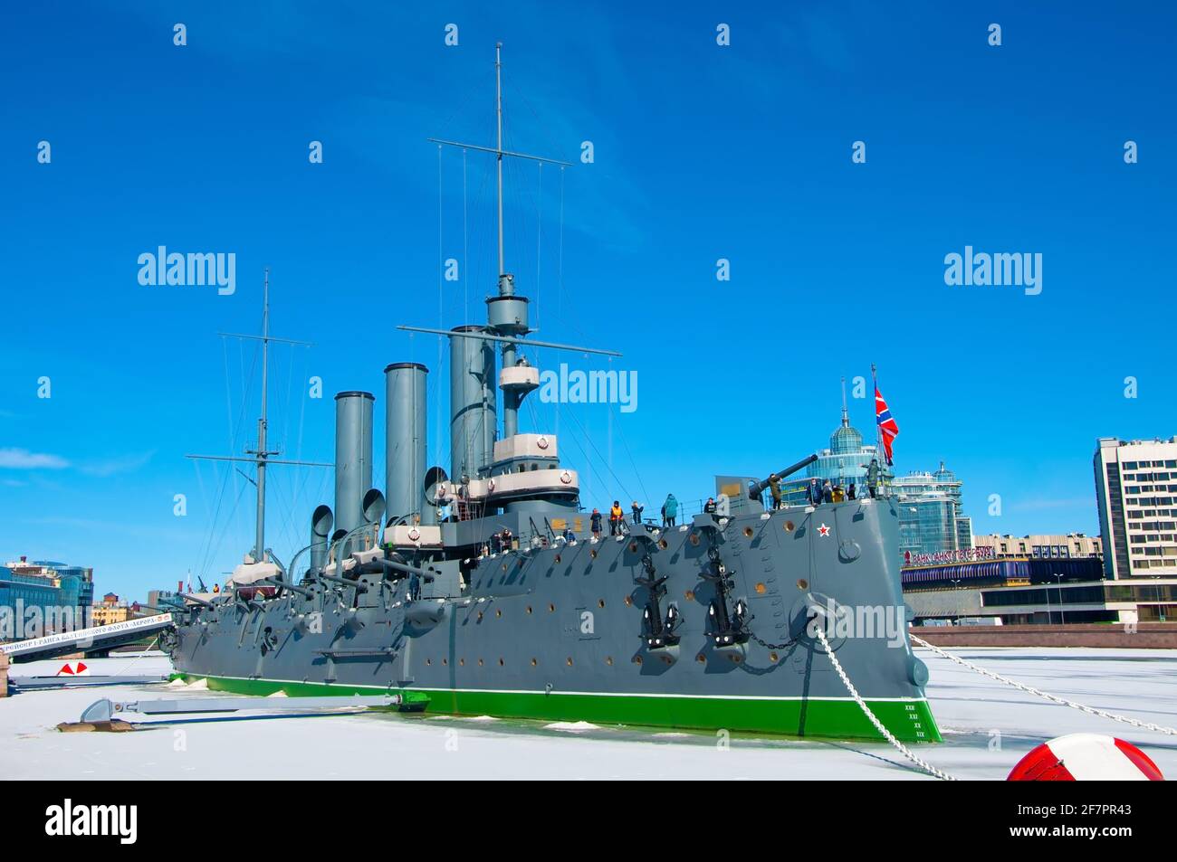 ST. PETERSBURG, RUSSIA - March 27 , 2021: Aurora cruiser, the symbol of the October revolution, currently preserved as a museum ship on the Neva river Stock Photo