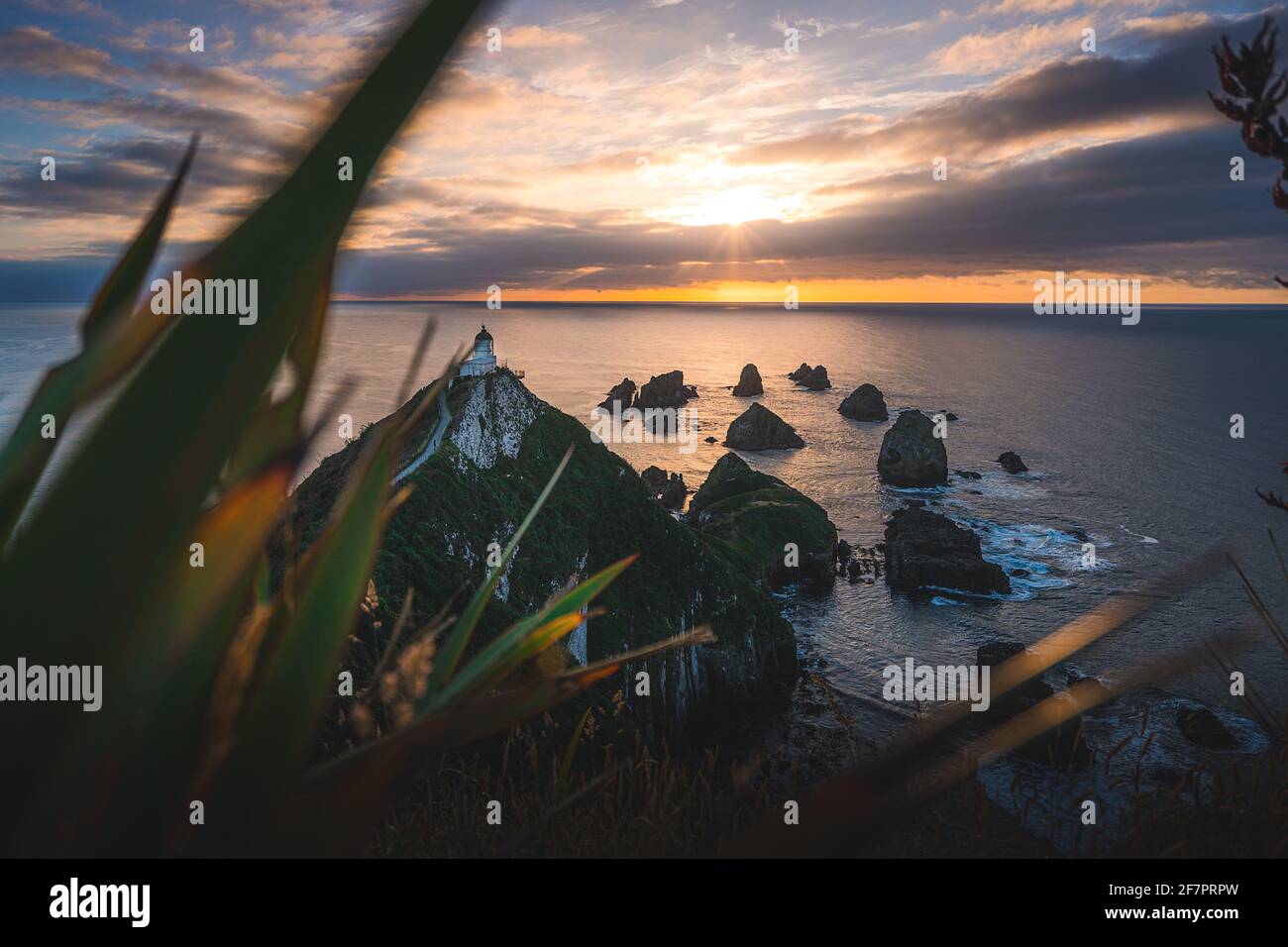 Beautiful sunrise at Nugget Point Lighthouse, New Zealand Stock Photo