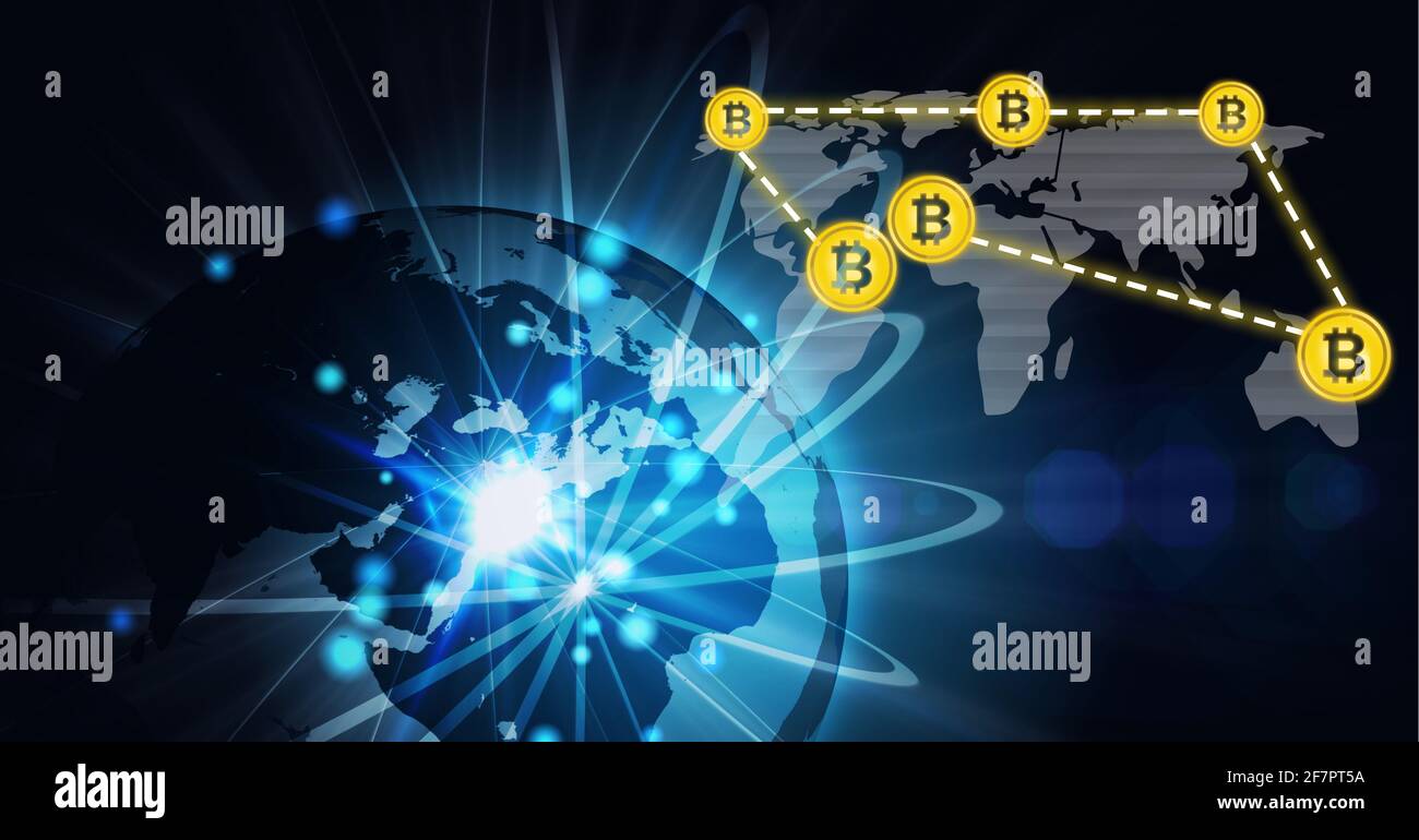 Composition of network of connections with digital bitcoin icons over ...