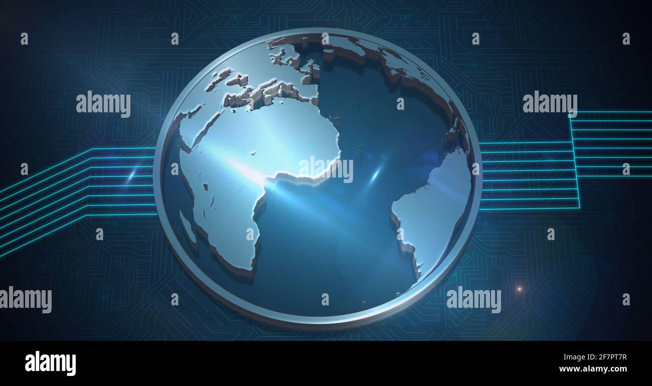 Computer Globe Composition of 3d globe with over blue lines on computer circuit board ...