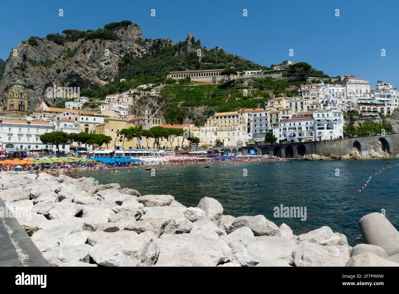 Scenic View Of Amalfi Town & Mountains  Of The Amalfi Coast In Italy Stock Photo