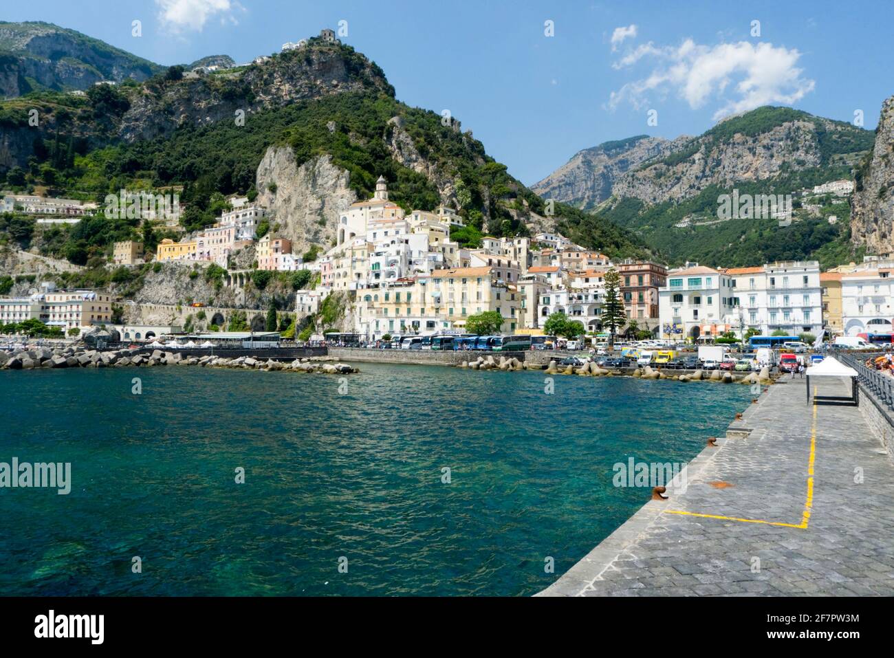 Scenic View Of Amalfi Town & Mountains  Of The Amalfi Coast In Italy Stock Photo