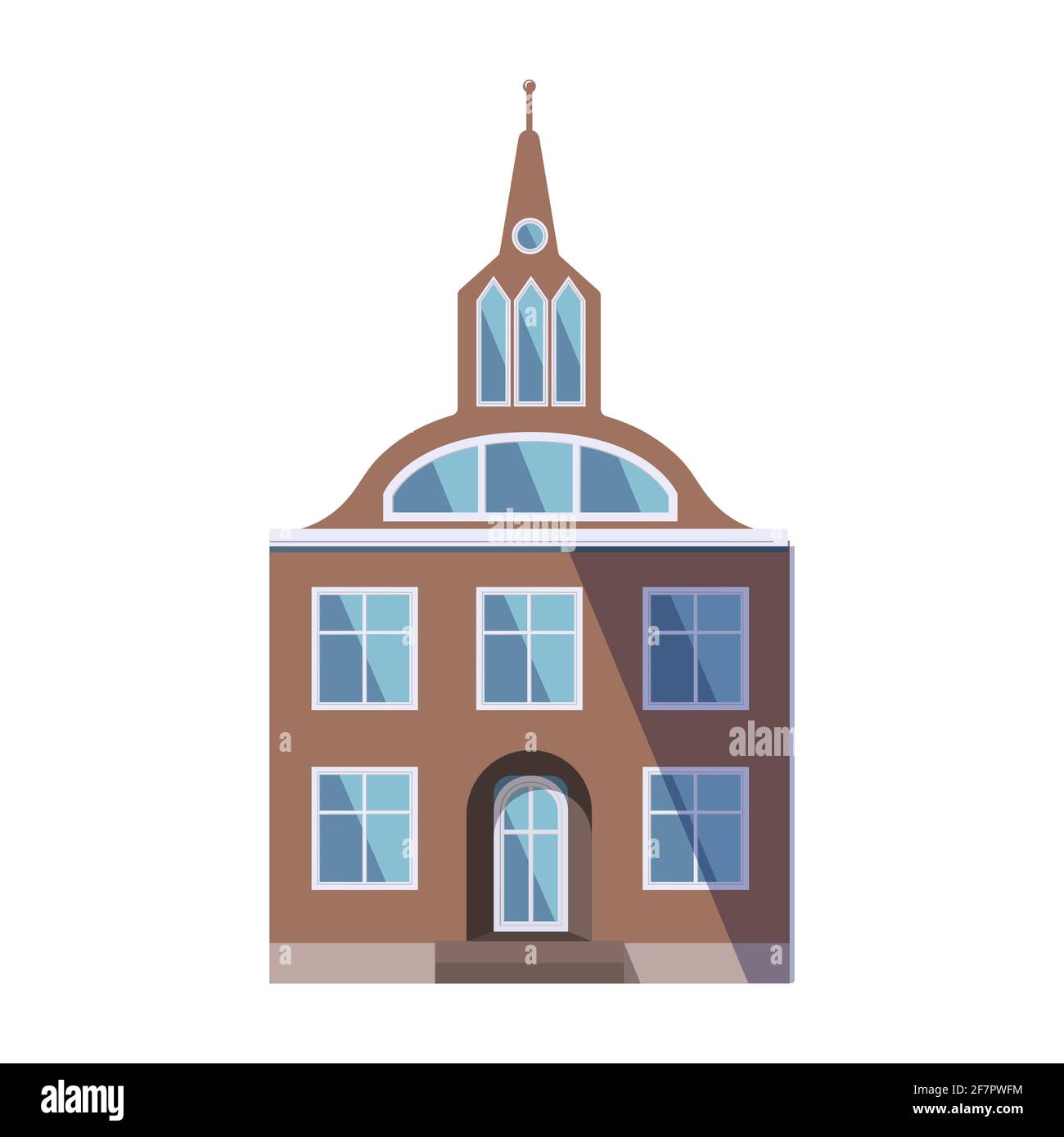 European brown old house in the traditional Dutch town style with a double gable roof, turret, narrow windows and front door. Vector illustration in Stock Vector