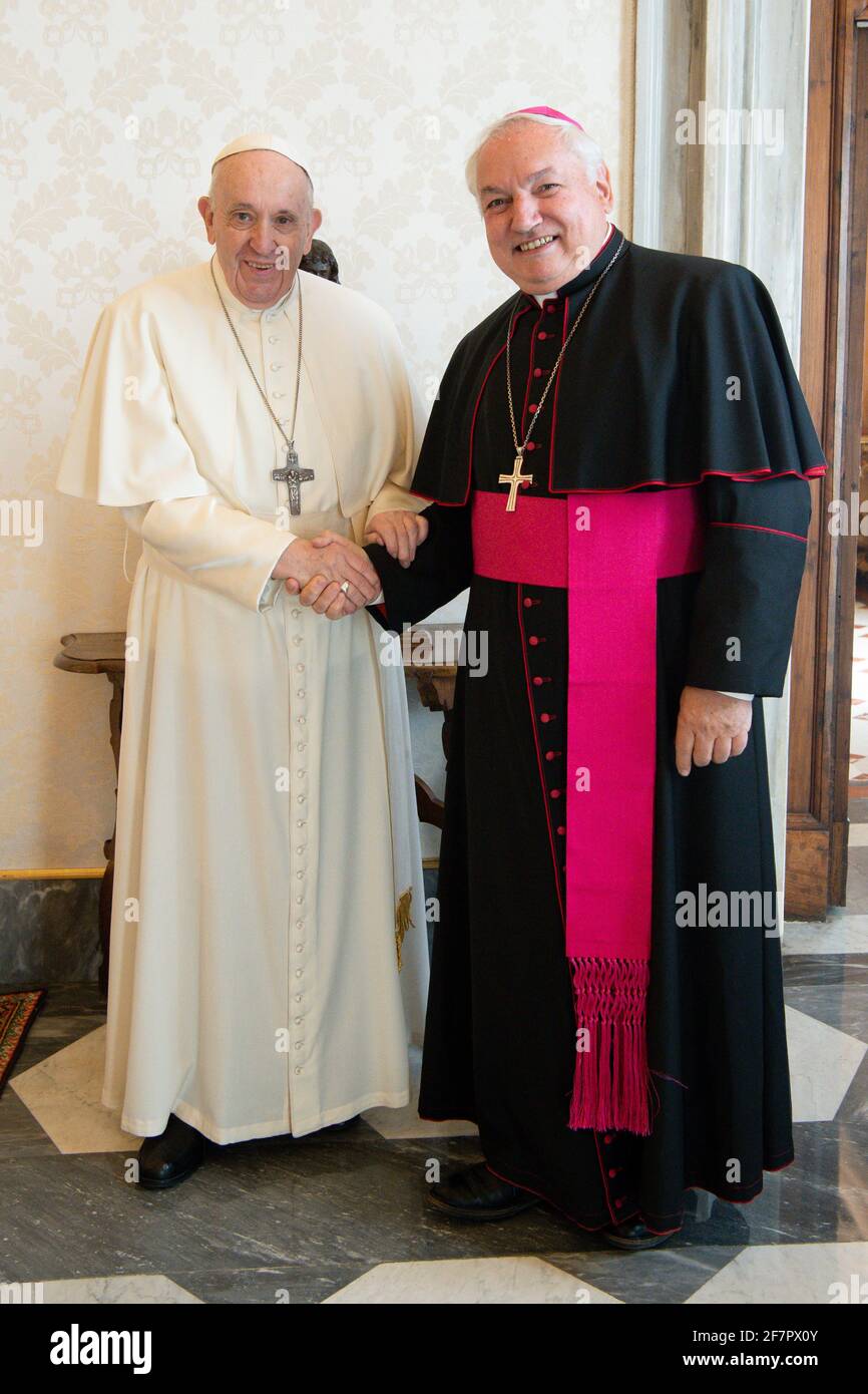 Rome, Italy. 09th Apr, 2021. April 9, 2021 : Pope Francis received in audience this morning H.E. Msgr. Jean-Marc Aveline, Archbishop of Marseille (France) at the Vatican Credit: Independent Photo Agency/Alamy Live News Stock Photo