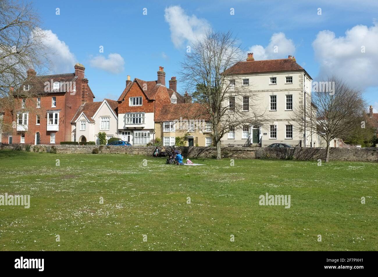 A peaceful scene in Salisbury's Cathedral Close as the country comes out of lockdown 2021. Stock Photo