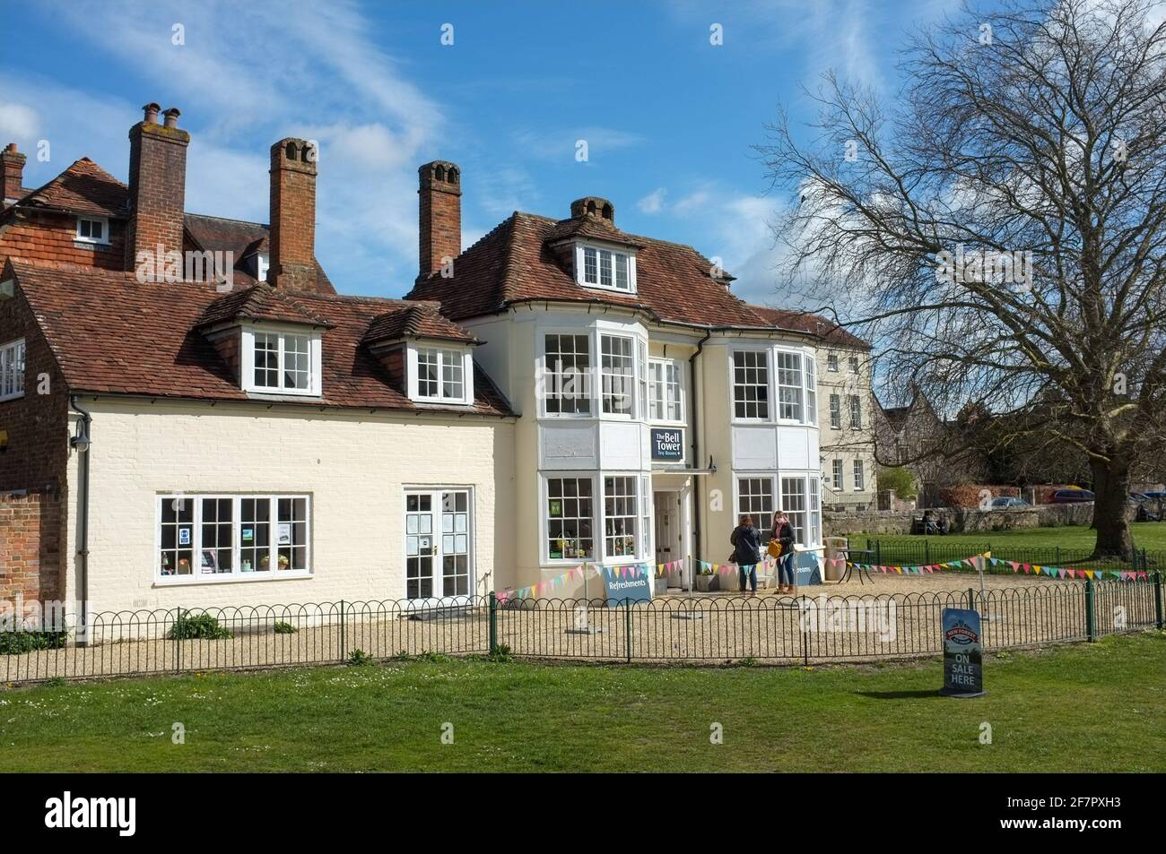 The Bell Tower Tea Rooms on the North Lawn in Salisbury's Cathedral Close. Stock Photo