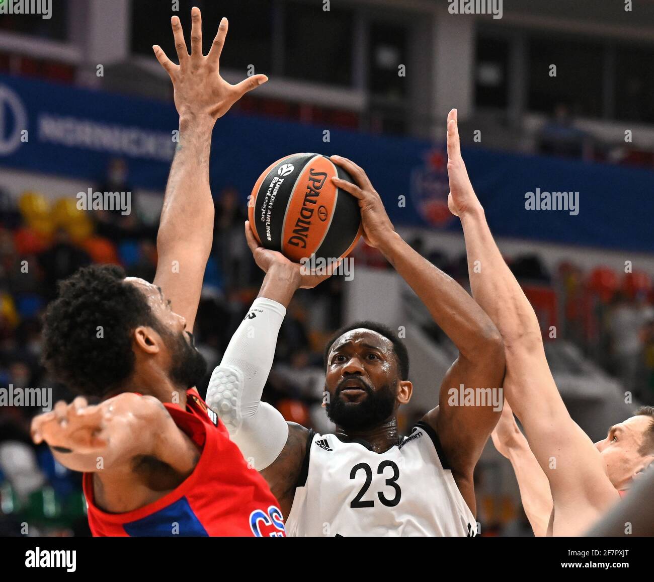 Moscow, Russia. 08th Apr, 2021. Iffe Lundberg, #1 of CSKA Moscow plays  against LDLC Asvel Villeurbanne during the Turkish Airlines EuroLeague  Round 34 of 2020-2021 season at Megasport Arena. (Final Score; CSKA