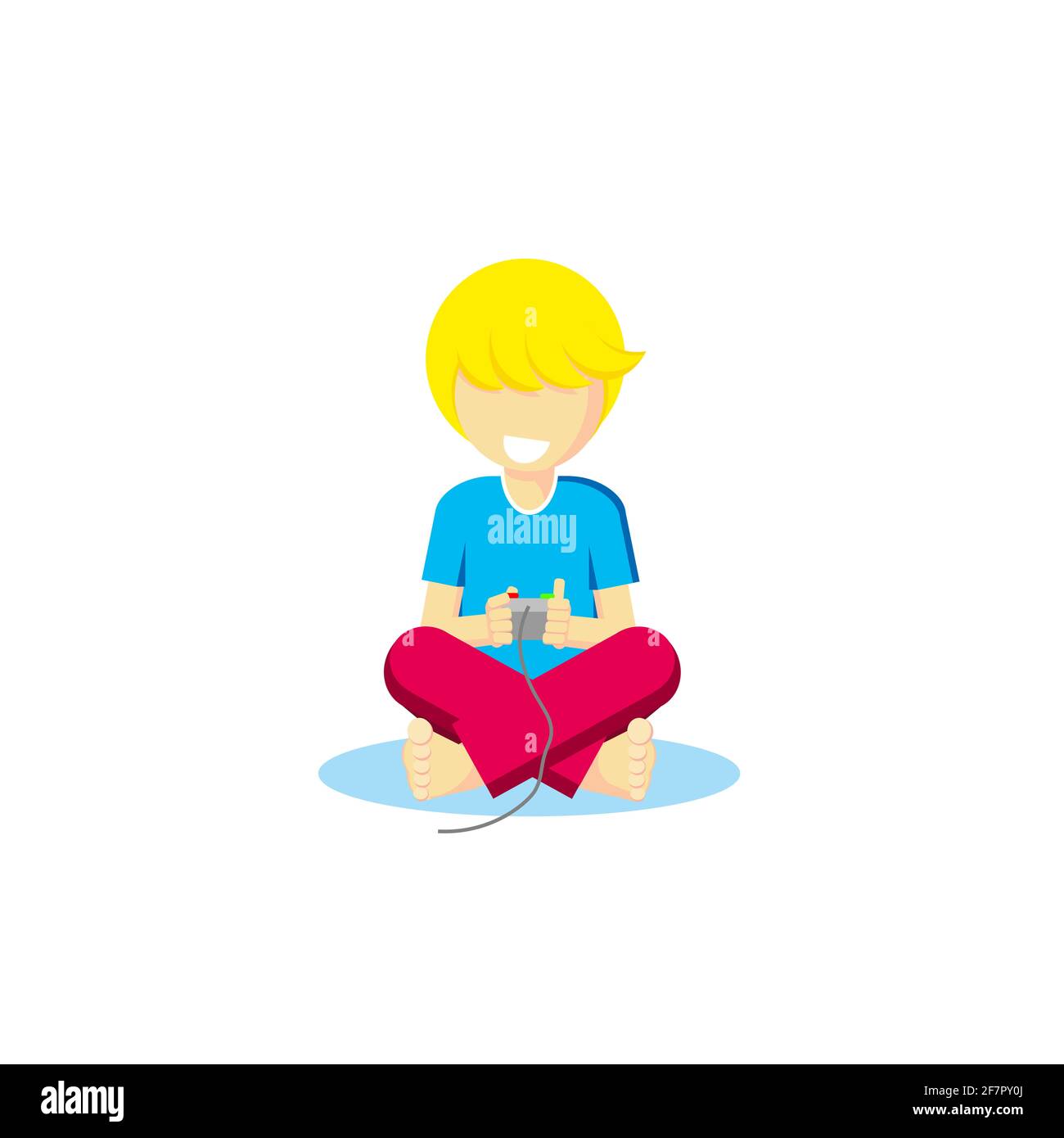 Vector boy barefoot blond sits cross-legged plays console gameboy computer game xbox joystick smiles laughs joy child childhood pupil leisure 3D Stock Photo