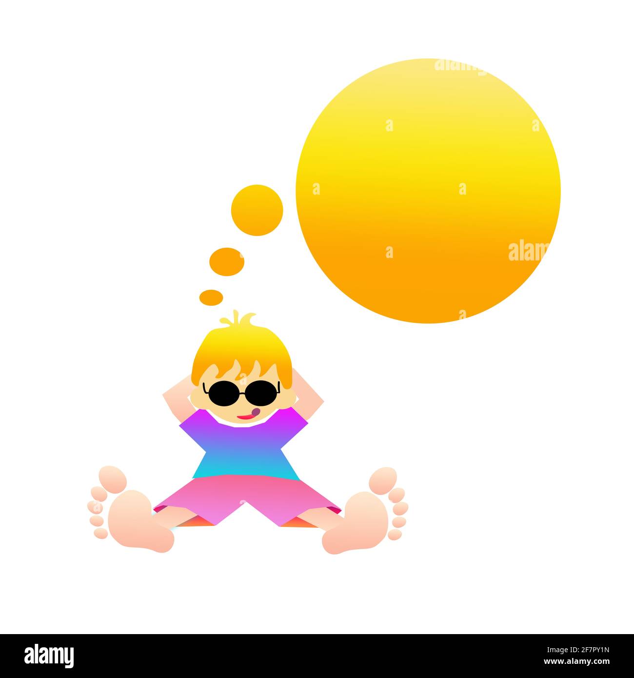 Vacation, summer, sun, travel, barefoot on the lounger with sunglasses on your face. Thoughts wander, a thought bubble above your head. Stock Photo