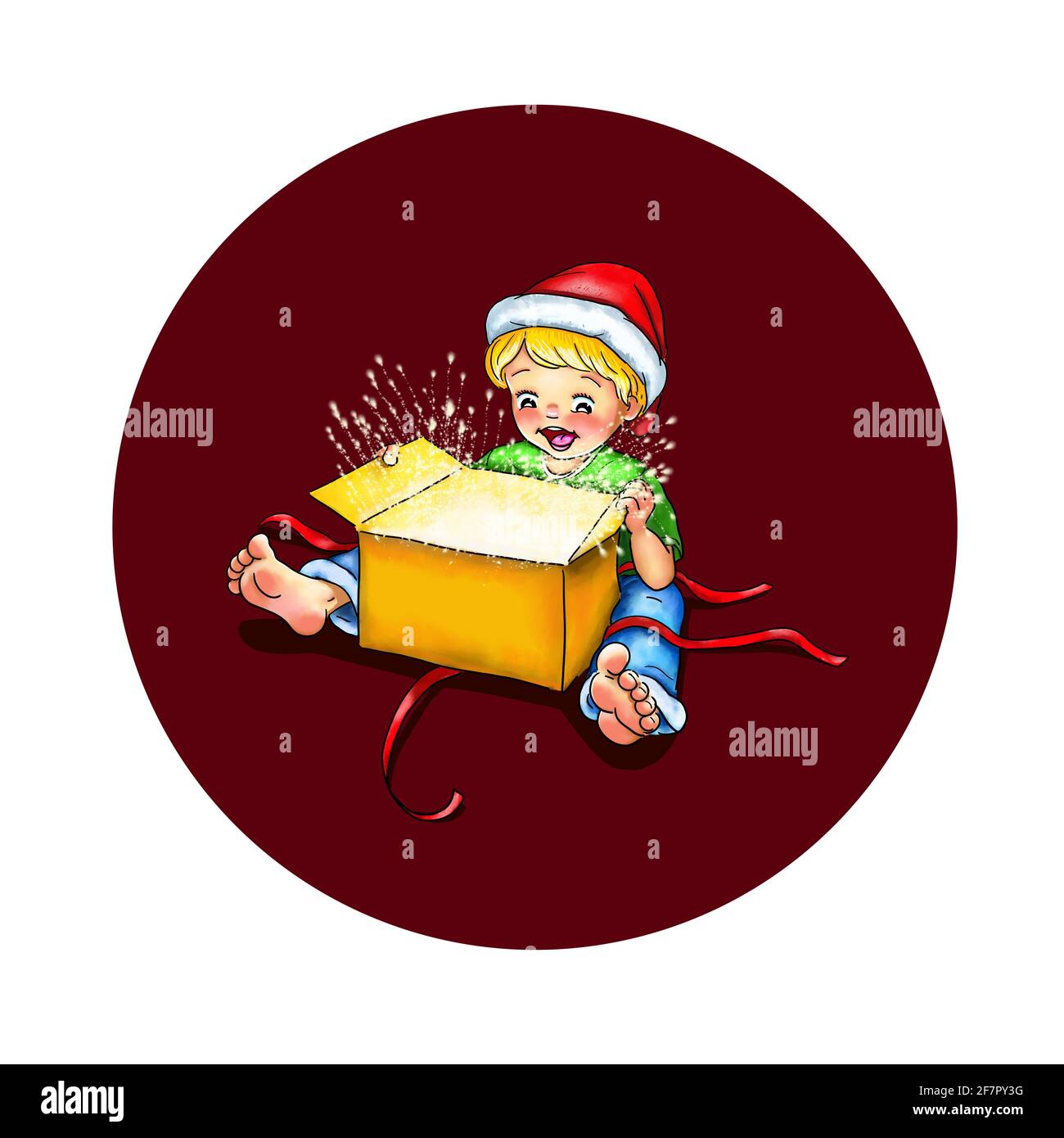 Toddler child boy with Santa hat sits barefoot with an unwrapped present in front of him shine fascination fascinated surprised joy laugh shine stars Stock Photo