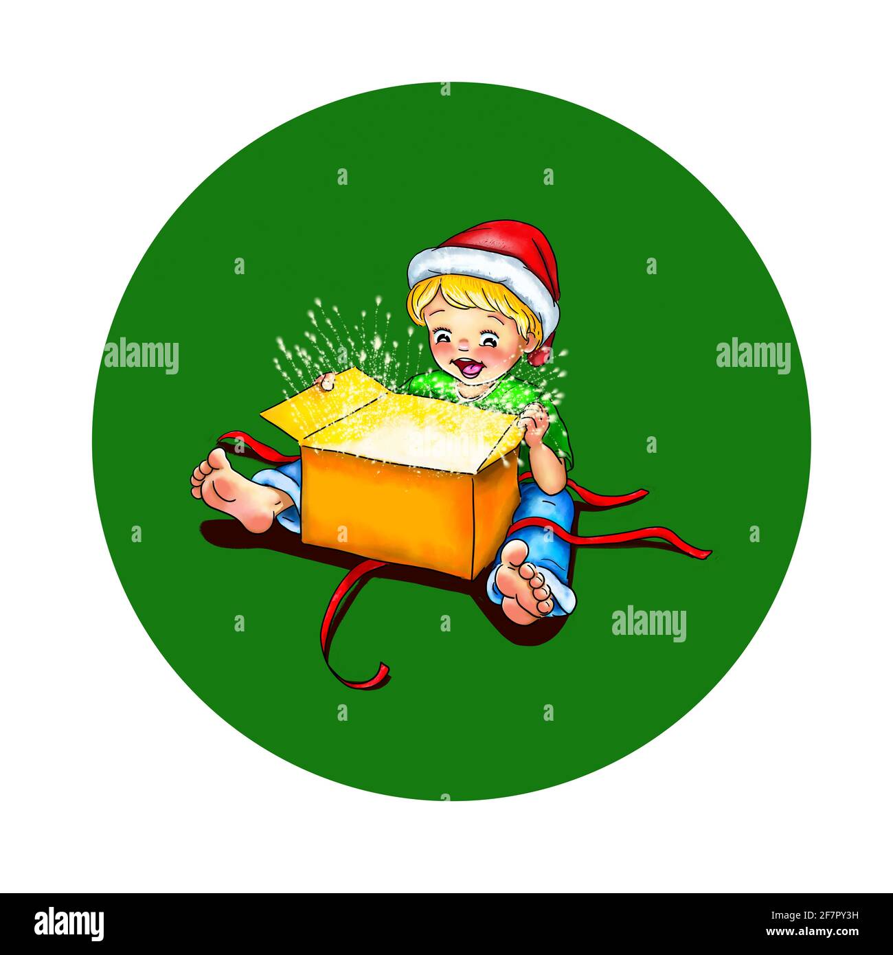 Toddler child boy with Santa hat sits barefoot with an unwrapped present in front of him shine fascination fascinated surprised joy laugh shine stars Stock Photo