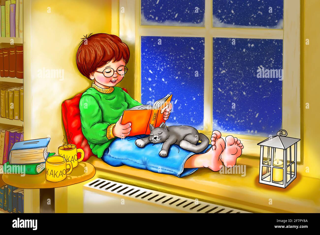 A boy is sitting barefoot in the window on the warm sill above the heater reading a book warm cocoa on the table Snow is falling winter time Stock Photo