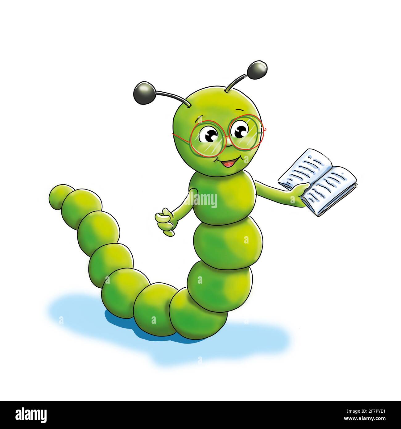 Baldwin, the green bookworm with red glasses on his nose, is holding a book and has his arms outstretched. White background. Cute children's illustrat Stock Photo