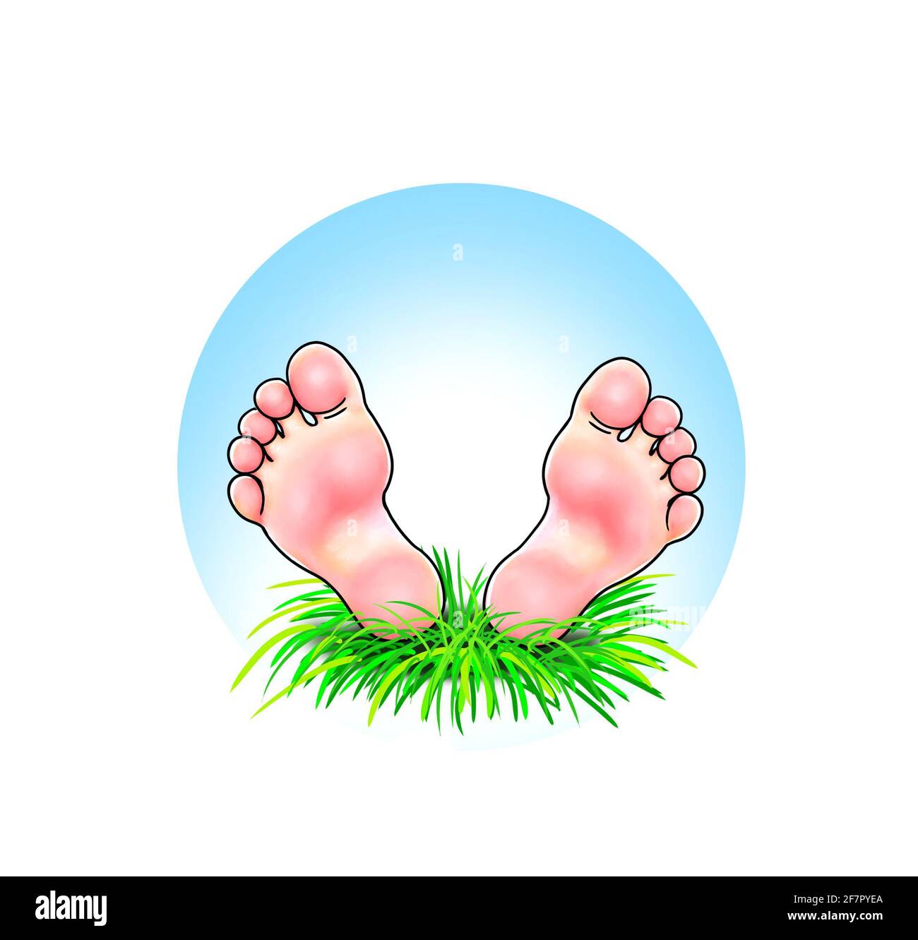 Foot feet soles barefoot child blue sky meadow grass natural friendly pretty cute man woman boy girl lie rest travel vacation holidays sustainable Stock Photo