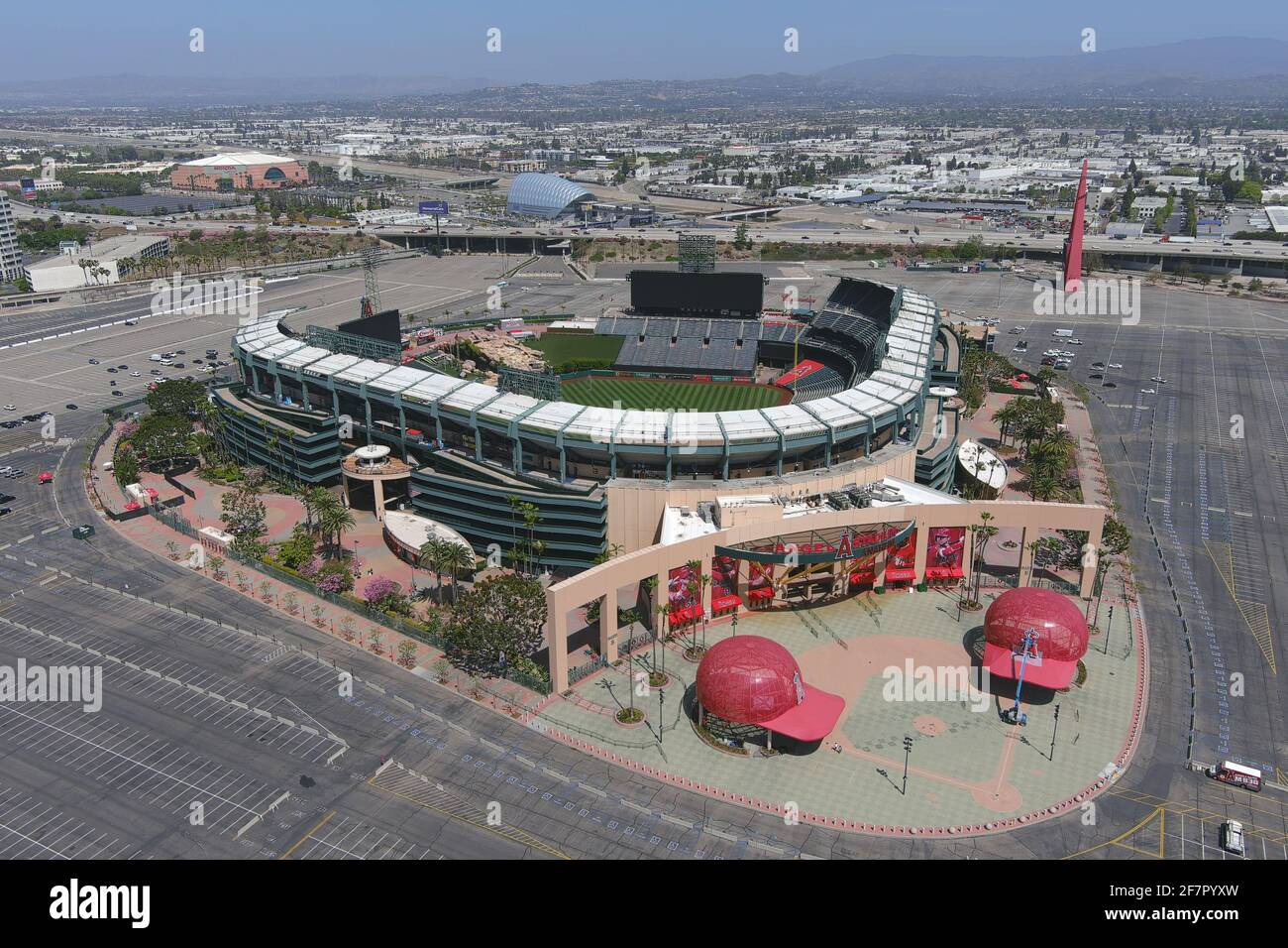 An aerial view of Angel Stadium of Anahiem, Wednesday, April 8, 2021, in Anaheim, Calif. (Photo