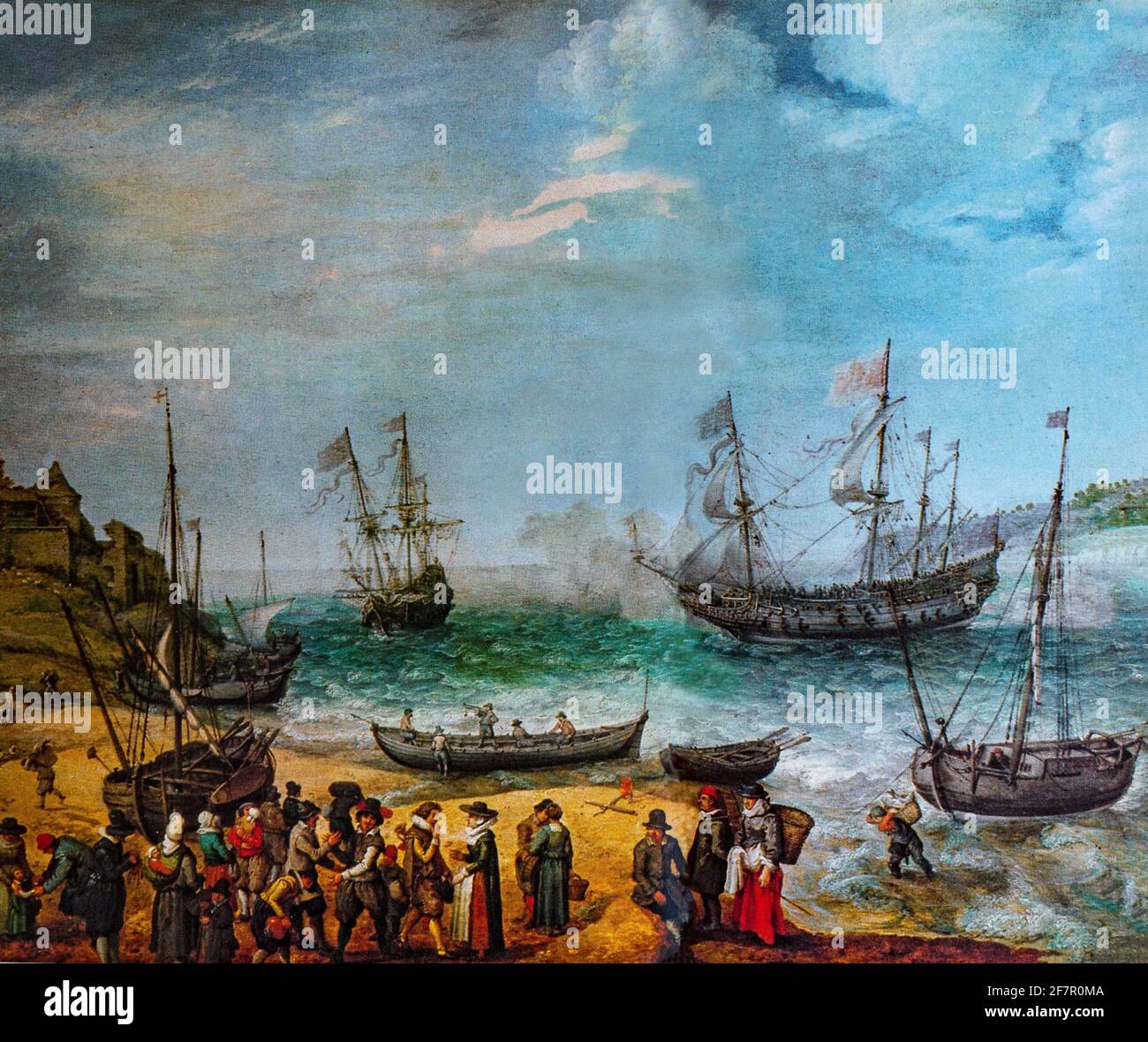 A painting by Adam Willaerts (1577-1664), a painter of the Dutch Golden Age, in which a ship of the East India Company leaves port as England establishes itself as a colonial power. Willaerts  was born in London to Flemish parents who had fled from Antwerp for religious reasons. From 1597 until his death, Adam lived and worked in Utrecht; known as a painter of river and canal pieces, coastal landscapes, fish-markets, processions, and genre scenes, he also painted villages and marine battle scenes. Stock Photo