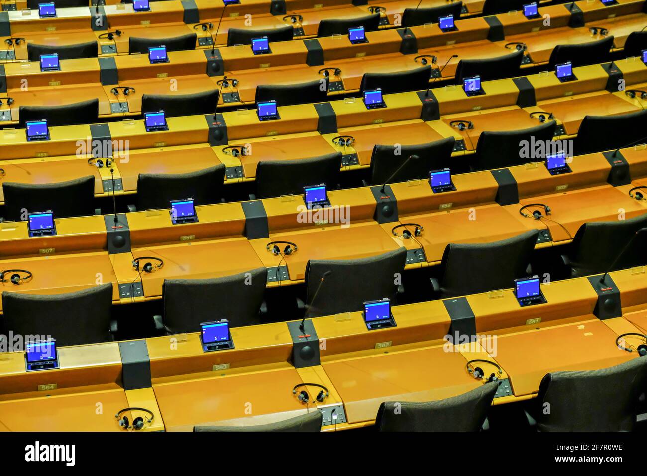 25.09.2019, Bruessel, Belgien - leere Sitzreihen im Plenarsaal des Europaeischen Parlaments in Bruessel Stock Photo