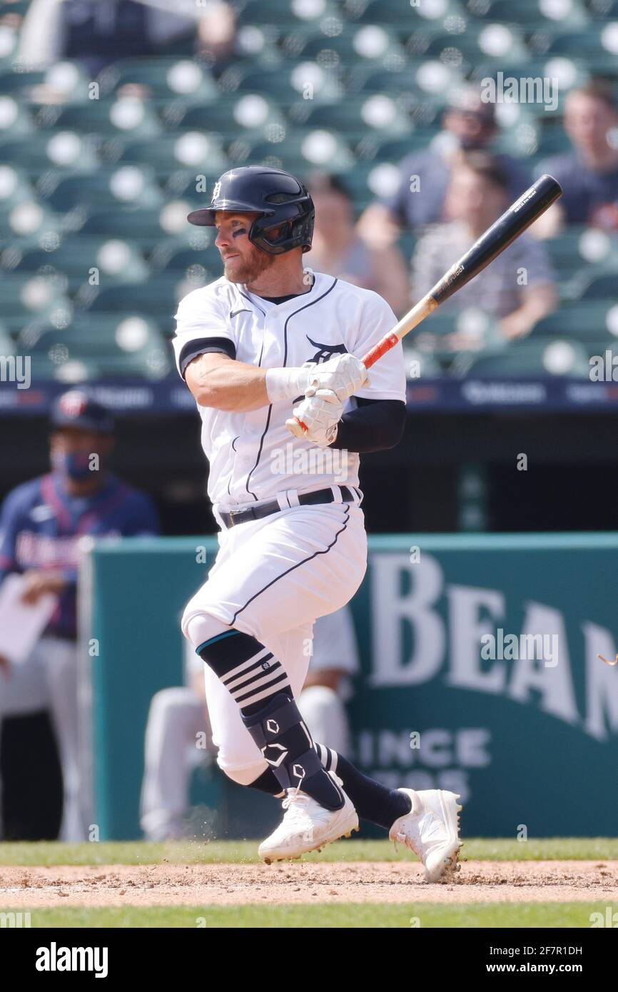 DETROIT, MI - APRIL 6: Robbie Grossman (8) of the Detroit Tigers bats during a game against the Minnesota Twins at Comerica Park on April 6, 2021 in D Stock Photo